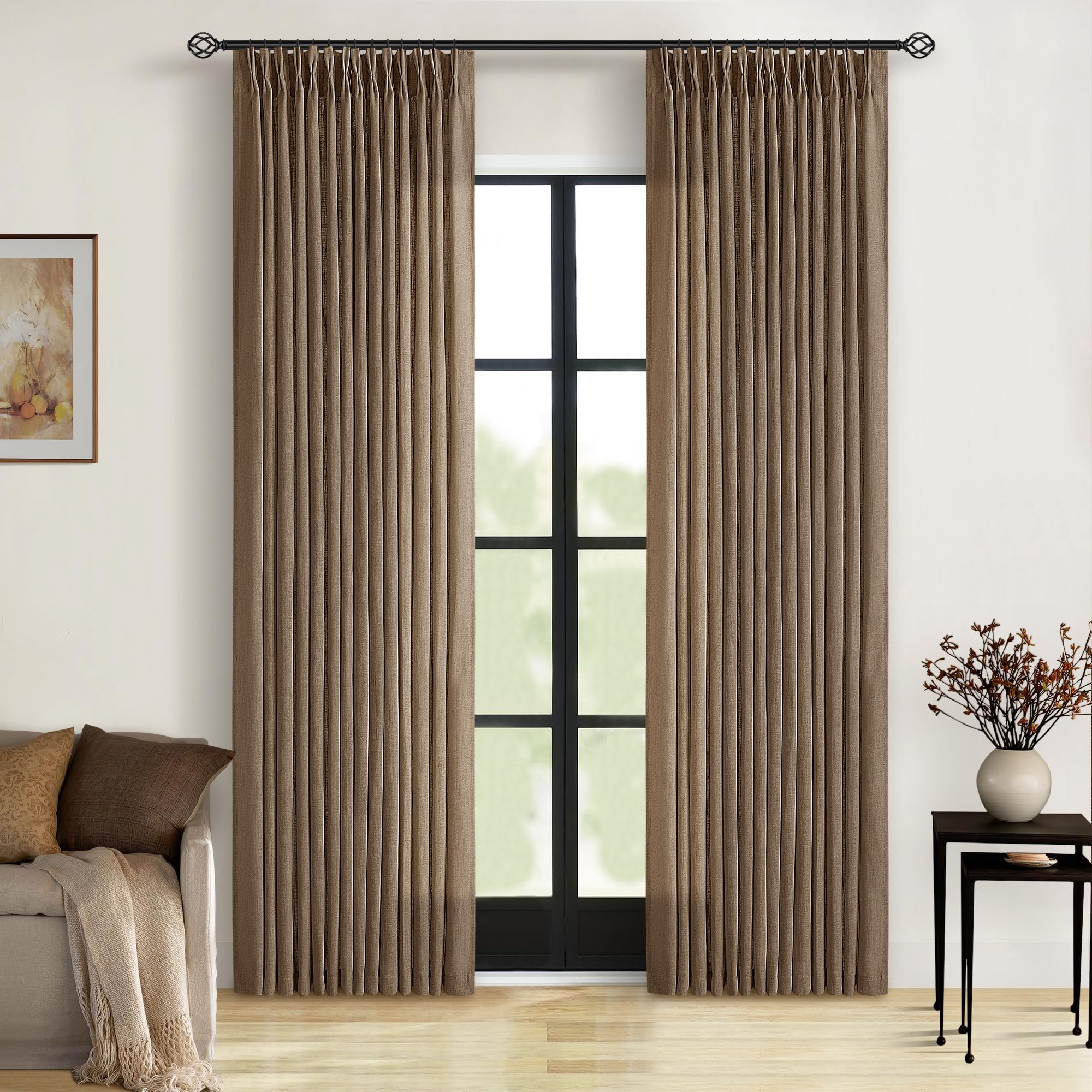 Natural Pinch Pleated Linen Curtains 84 Inch Length 2 Panels for Living Room Bedroom Textured Cream Ivory Birch Semi Sheer Boho Neutral Back Tab Pinch Pleat Hooks Rings Window Curtain 84 Inches Long