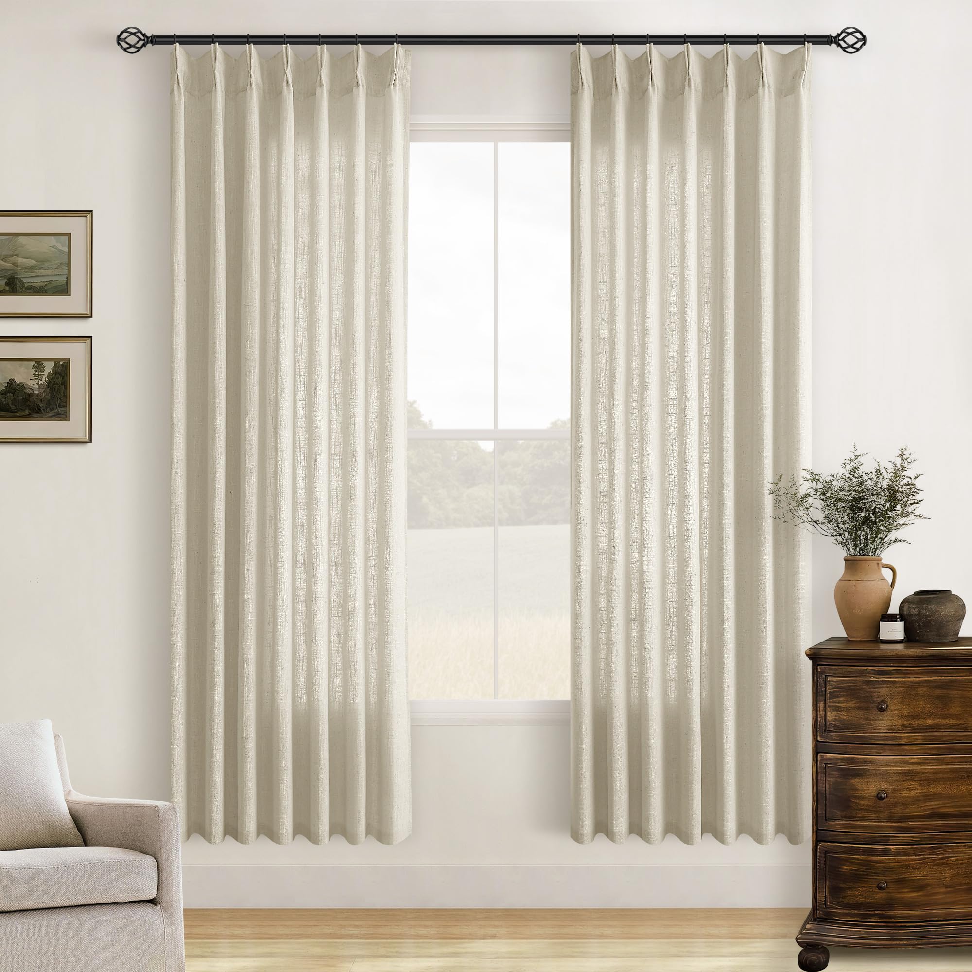Natural Pinch Pleated Linen Curtains 84 Inch Length 2 Panels for Living Room Bedroom Textured Cream Ivory Birch Semi Sheer Boho Neutral Back Tab Pinch Pleat Hooks Rings Window Curtain 84 Inches Long