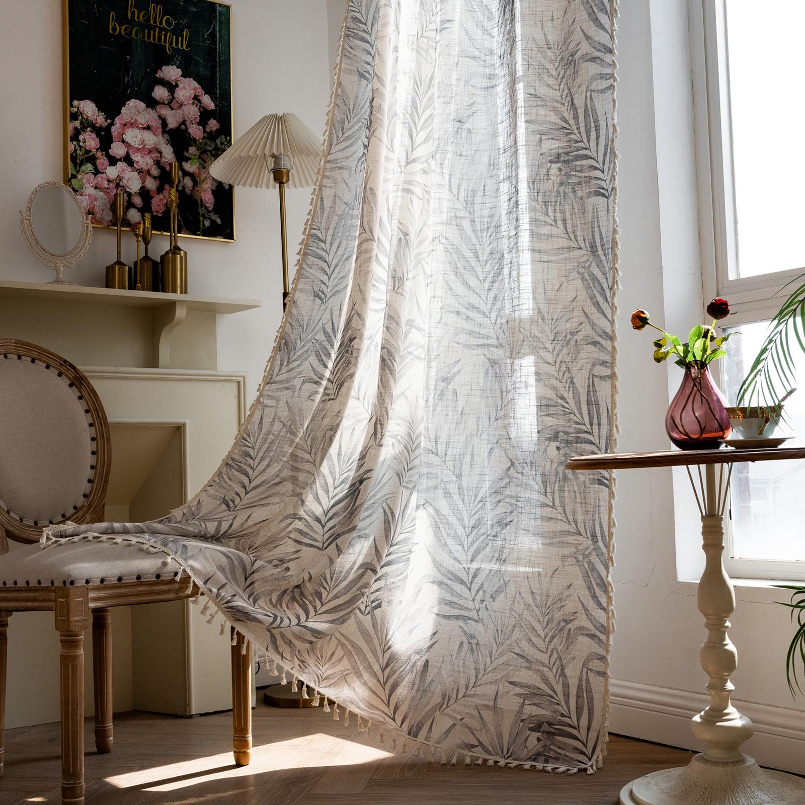 ENJOYBRIDAL Floral Bedroom Curtains 84 Inch Length 2 Panels Set Farmhouse Semi Sheer Living Room Drapes Cotton Linen Blend Bohemian Window Curtain Panels with Tassel Beige Rod Pocket Drapes