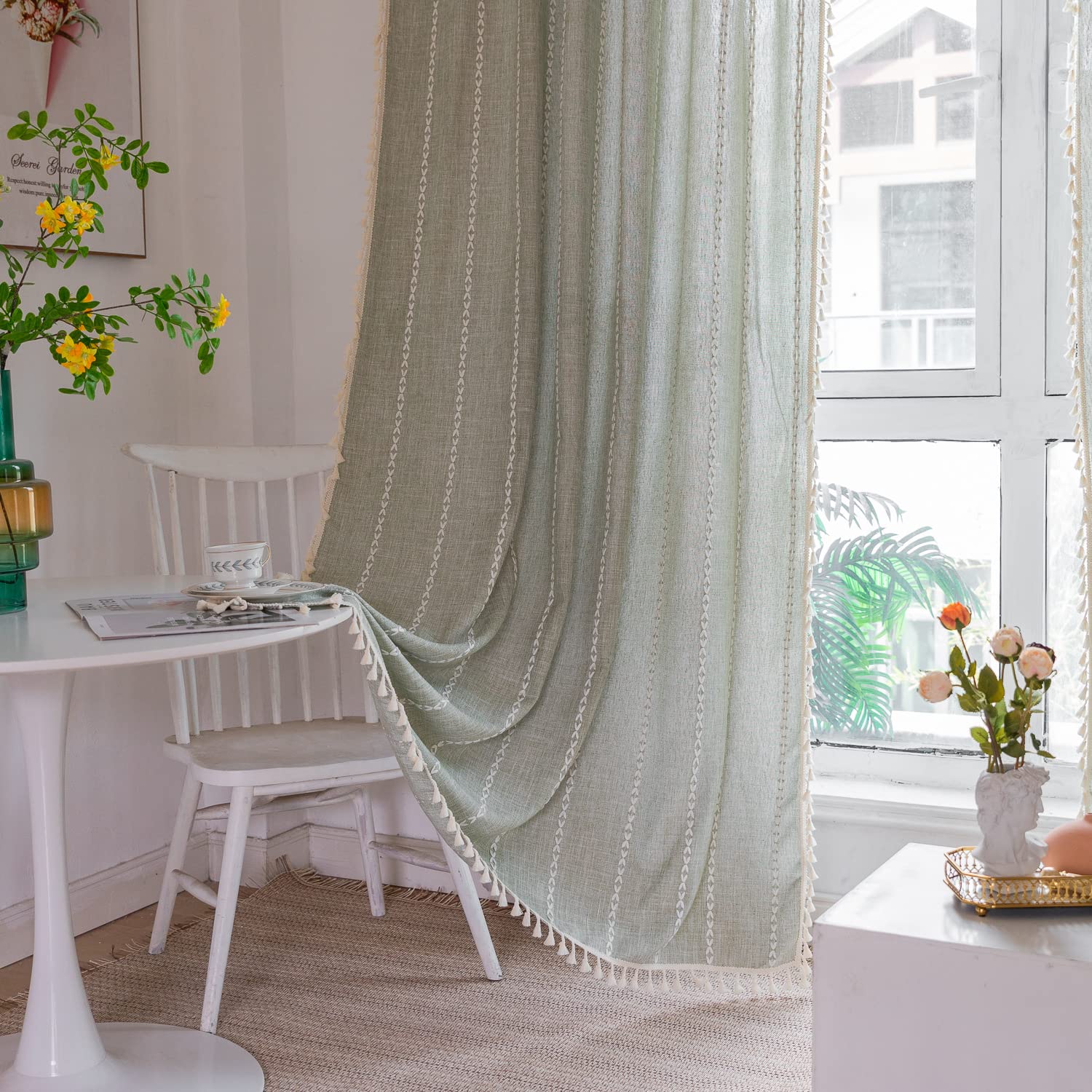 Boho Curtains - Embroidery Linen and Cotton 63 Inch Length 2 Pannels for Living Room, Cream Off White Light Filtering Farmhouse Curtains with Rod Pocket Draperies 52" W x 63" L