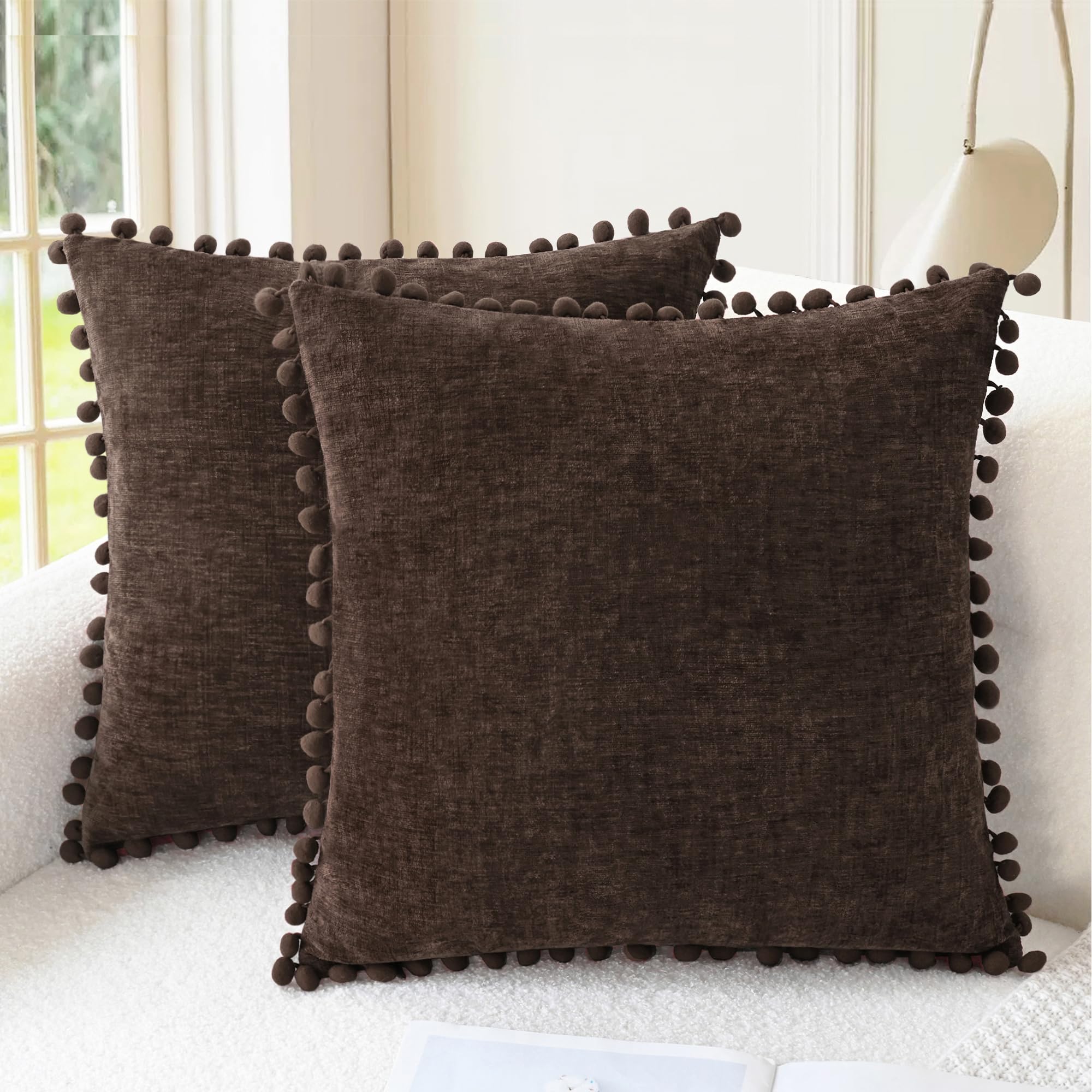 CaliTime Throw Pillow Covers Decorative 18 X 18 Inches Pack of 2 Cozy Solid Dyed Soft Chenille Cushion Cases with Pom Poms for Couch Sofa Bed Living Room Home Living Coral