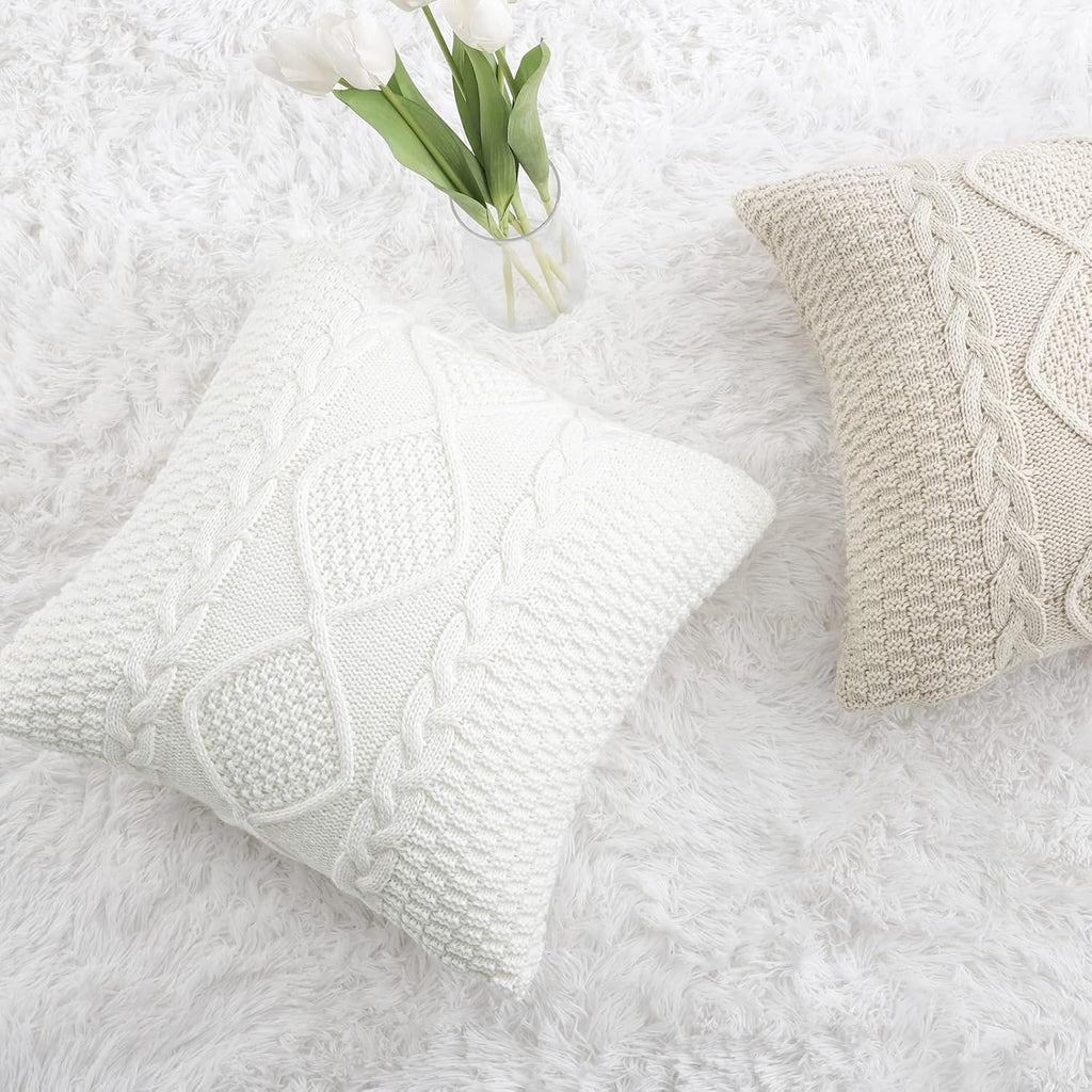 MANDIOO Cotton Knitted Beige Decorative Throw Pillow Covers Soft Cozy Outdoor Cushion Cases Luxury Modern Pillowcases for Couch Sofa Bed 24x24 Inches