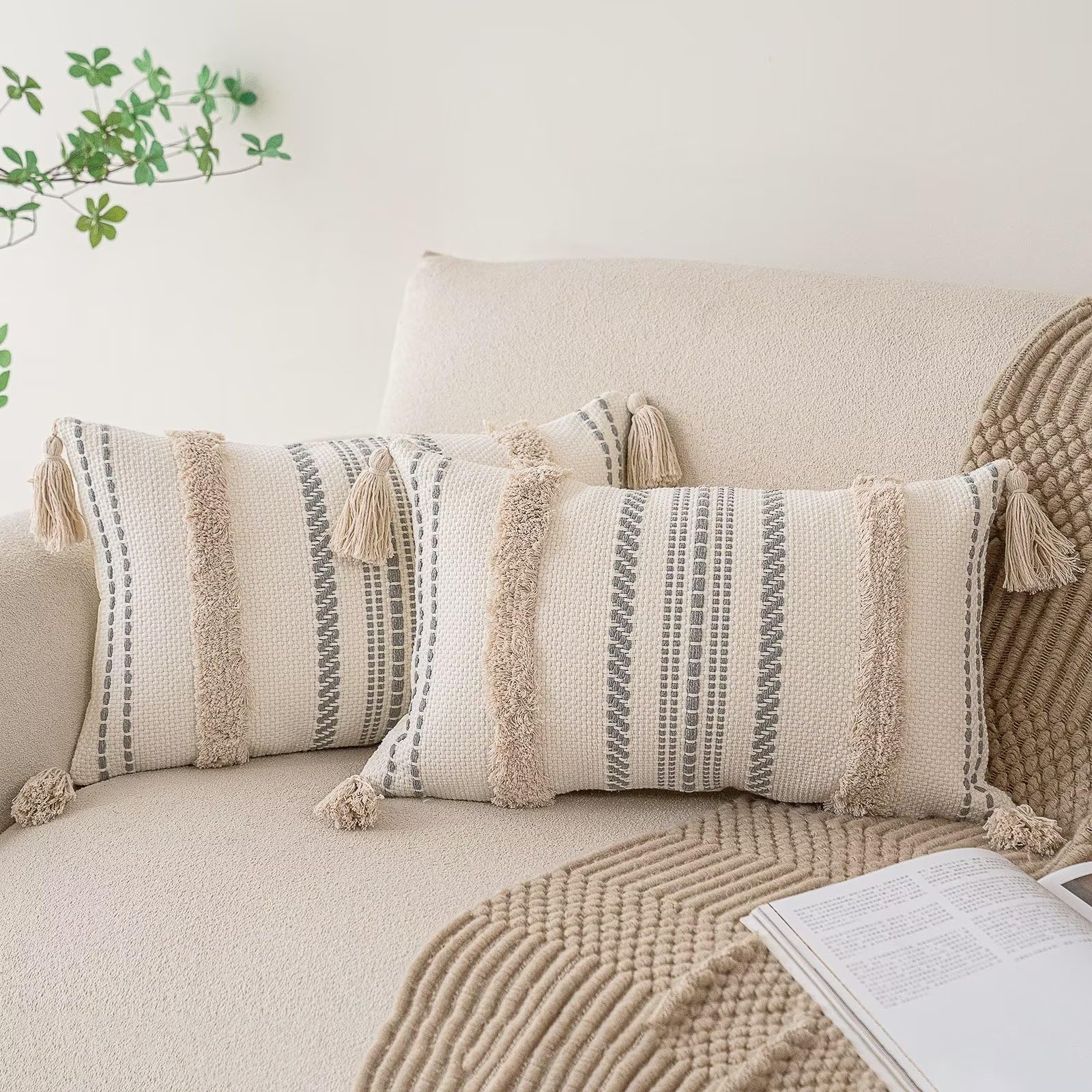 Boho Throw Pillow Covers 18x18 Set of 2 Woven Tufted Farmhouse Pillows Cover with Tassels Textured Striped Cushion Case Neutral Pillow Cases Decorative Pillowcase for Sofa, Couch, Bed, Khaki
