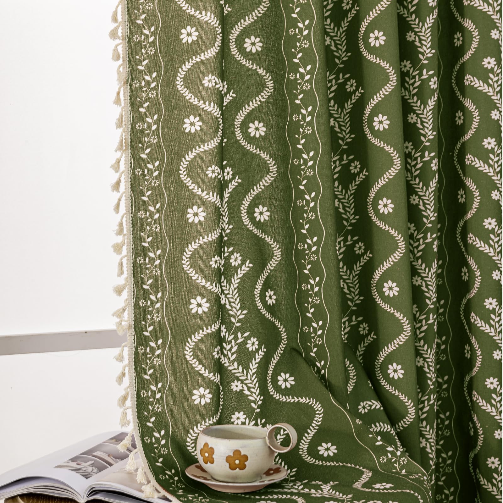 Burnt Orange Curtains for Living Room Patterned Farmhouse Curtains 2 Panels,Boho Linen Vintage Tassel Terracotta Floral Fall Window Curtain for Bedroom Dining Room Kitchen 84 Inch Long