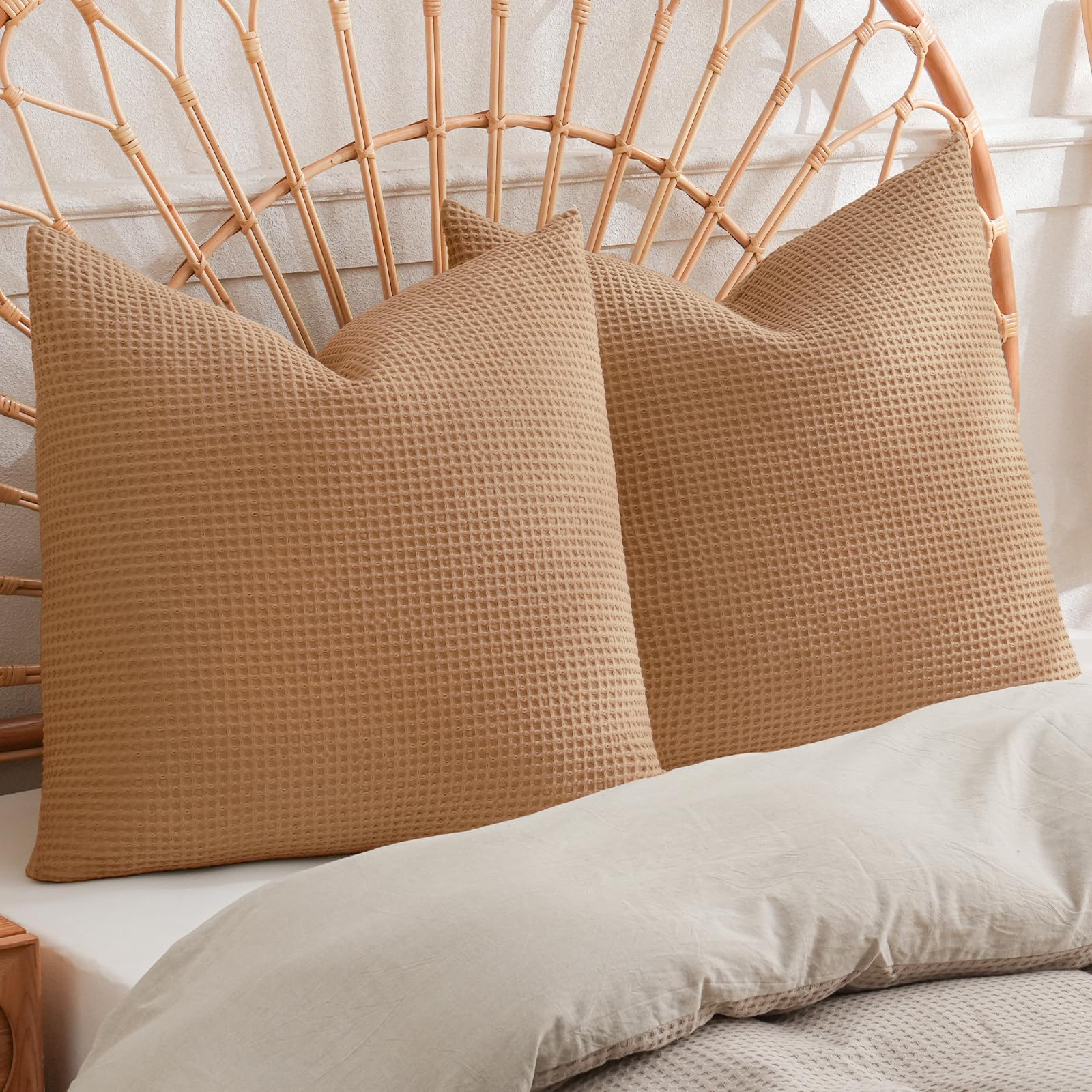PHF 100% Cotton Waffle Weave Euro Shams 26" x 26", No Filling, 2 Pack Elegant Home Decorative Euro Throw Pillow Covers for Bed Couch Sofa, Coral