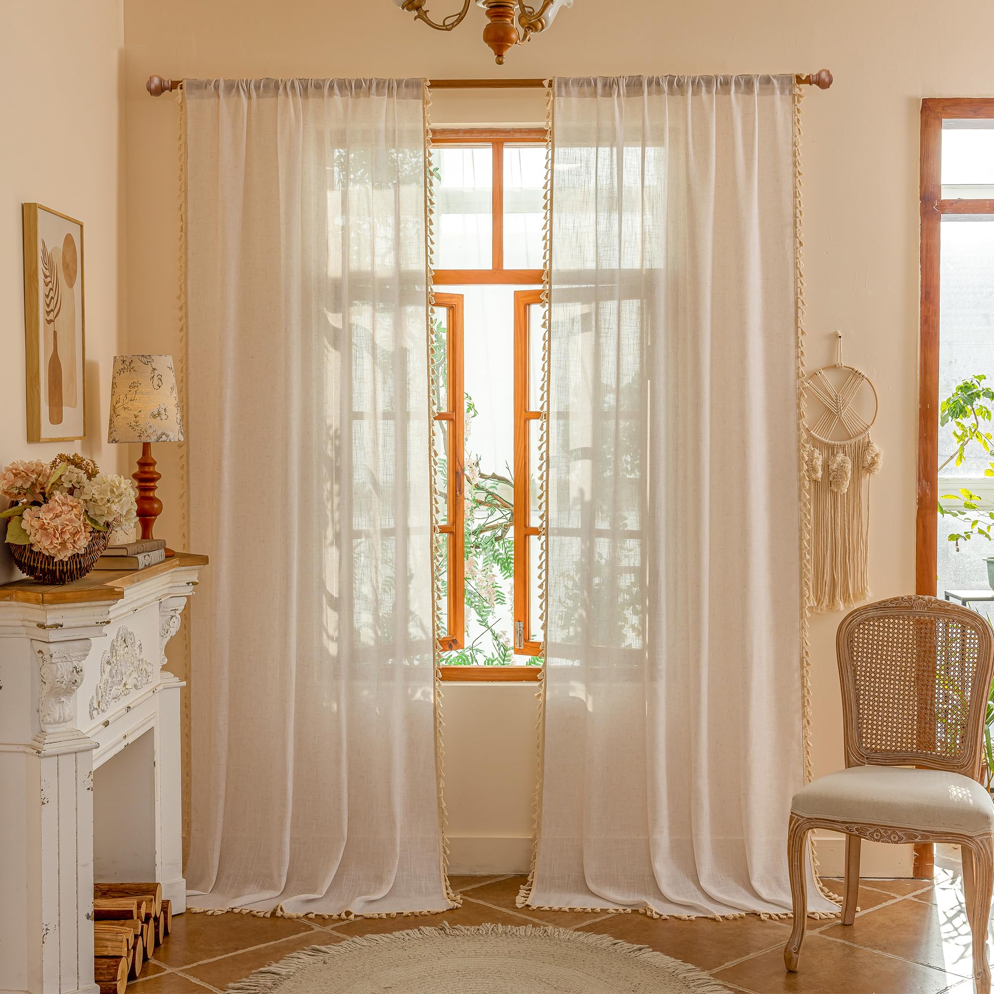 MYSKY HOME Cotton Curtains for Living Room Farmhouse Semi Sheer Light Filtering for Windows, Linen Look Texture Soft Modern Decor Country Style, 50" x 84", Light Oatmeal, 2 Panels