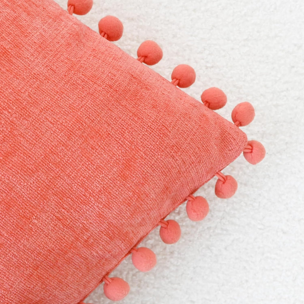 CaliTime Throw Pillow Covers Decorative 18 X 18 Inches Pack of 2 Cozy Solid Dyed Soft Chenille Cushion Cases with Pom Poms for Couch Sofa Bed Living Room Home Living Coral