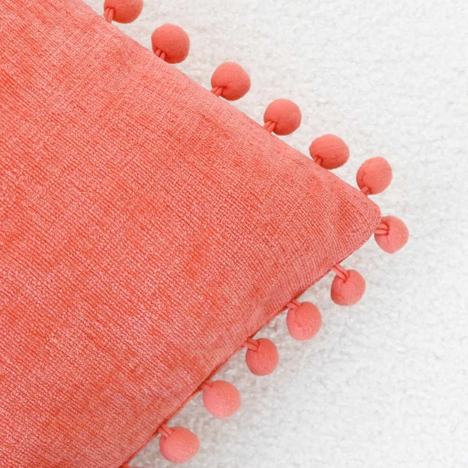CaliTime Throw Pillow Covers Decorative 18 X 18 Inches Pack of 2 Cozy Solid Dyed Soft Chenille Cushion Cases with Pom Poms for Couch Sofa Bed Living Room Home Living Coral