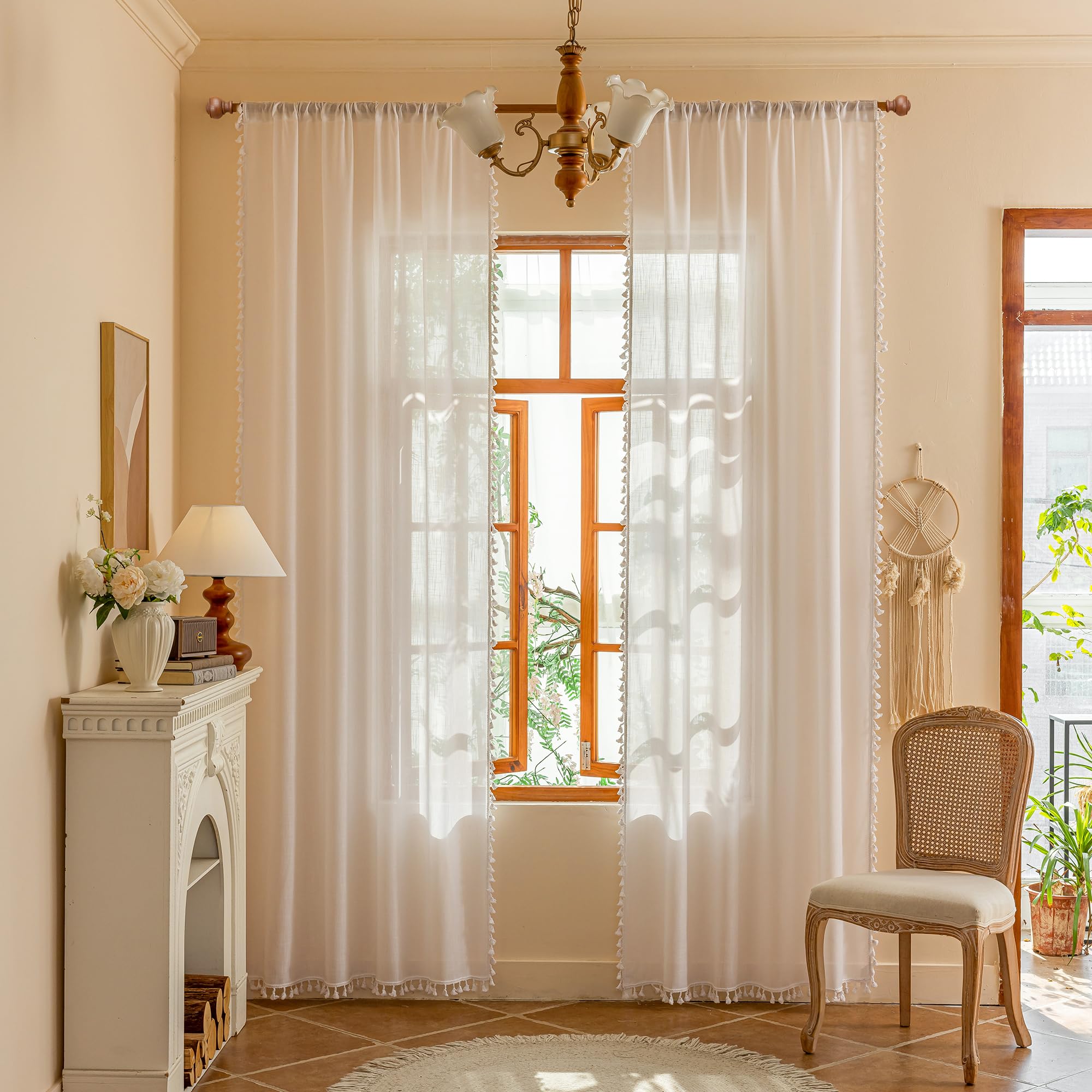 MYSKY HOME Cotton Curtains for Living Room Farmhouse Semi Sheer Light Filtering for Windows, Linen Look Texture Soft Modern Decor Country Style, 50" x 84", Light Oatmeal, 2 Panels