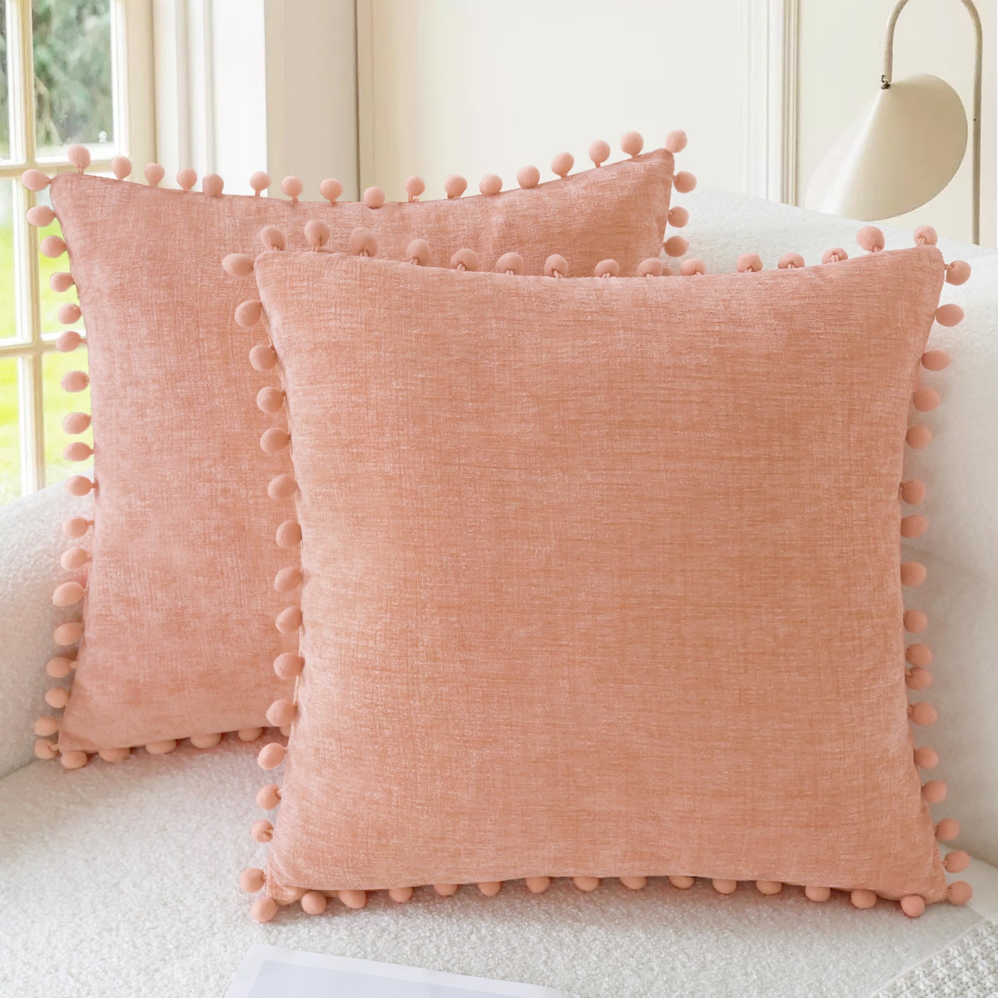 CaliTime Throw Pillow Covers Decorative 18 X 18 Inches Pack of 2 Cozy Solid Dyed Soft Chenille Cushion Cases with Pom Poms for Couch Sofa Bed Living Room Home Living Coral