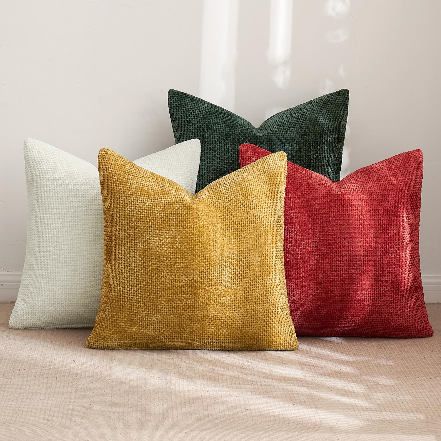 MIULEE Pack of 4 Couch Throw Pillow Covers 18x18 Inch Cream Soft Decorative Chenille Pillow Covers Farmhouse Accent Cushion Covers for Boho Spring Home Decor Sofa Bedroom Living Room