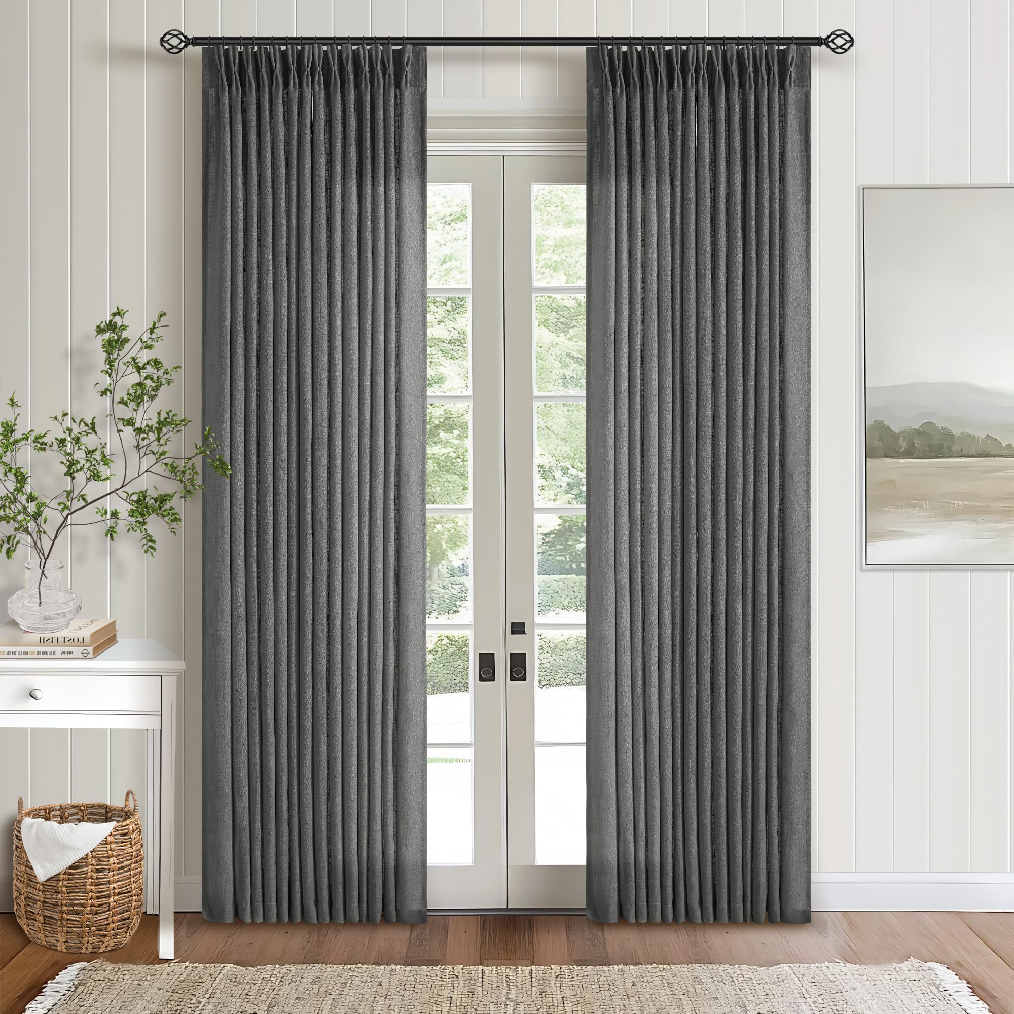 Natural Pinch Pleated Linen Curtains 84 Inch Length 2 Panels for Living Room Bedroom Textured Cream Ivory Birch Semi Sheer Boho Neutral Back Tab Pinch Pleat Hooks Rings Window Curtain 84 Inches Long