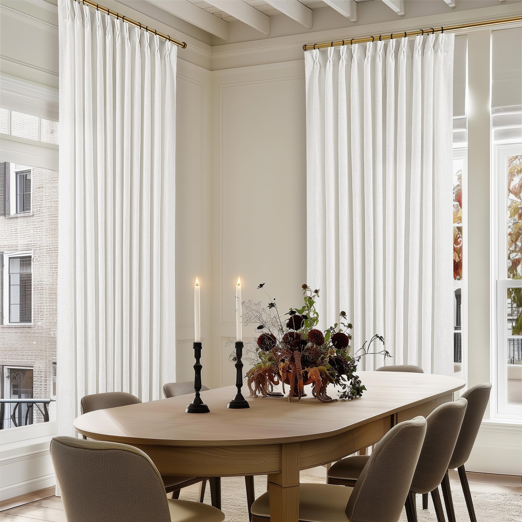 Natural Pinch Pleated Linen Curtains 84 Inch Length 2 Panels for Living Room Bedroom Textured Cream Ivory Birch Semi Sheer Boho Neutral Back Tab Pinch Pleat Hooks Rings Window Curtain 84 Inches Long