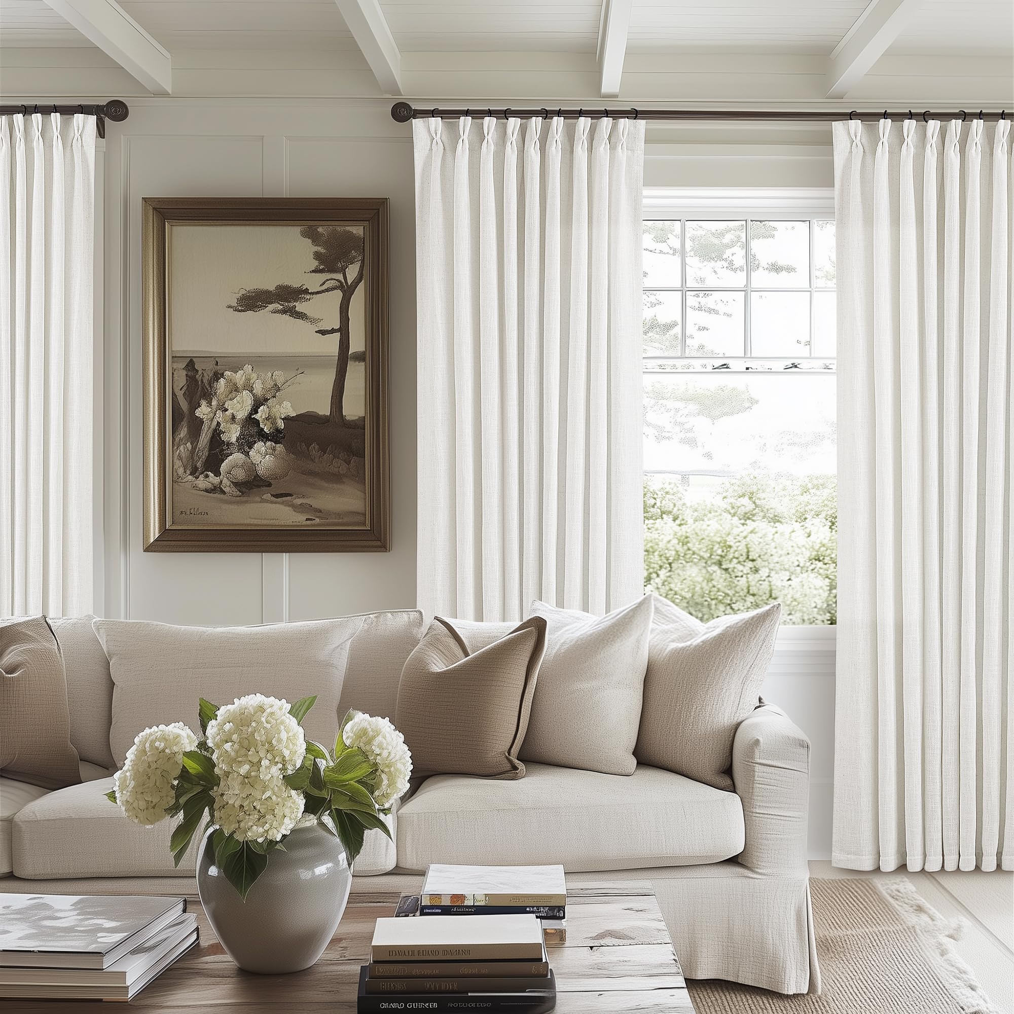 Natural Pinch Pleated Linen Curtains 84 Inch Length 2 Panels for Living Room Bedroom Textured Cream Ivory Birch Semi Sheer Boho Neutral Back Tab Pinch Pleat Hooks Rings Window Curtain 84 Inches Long