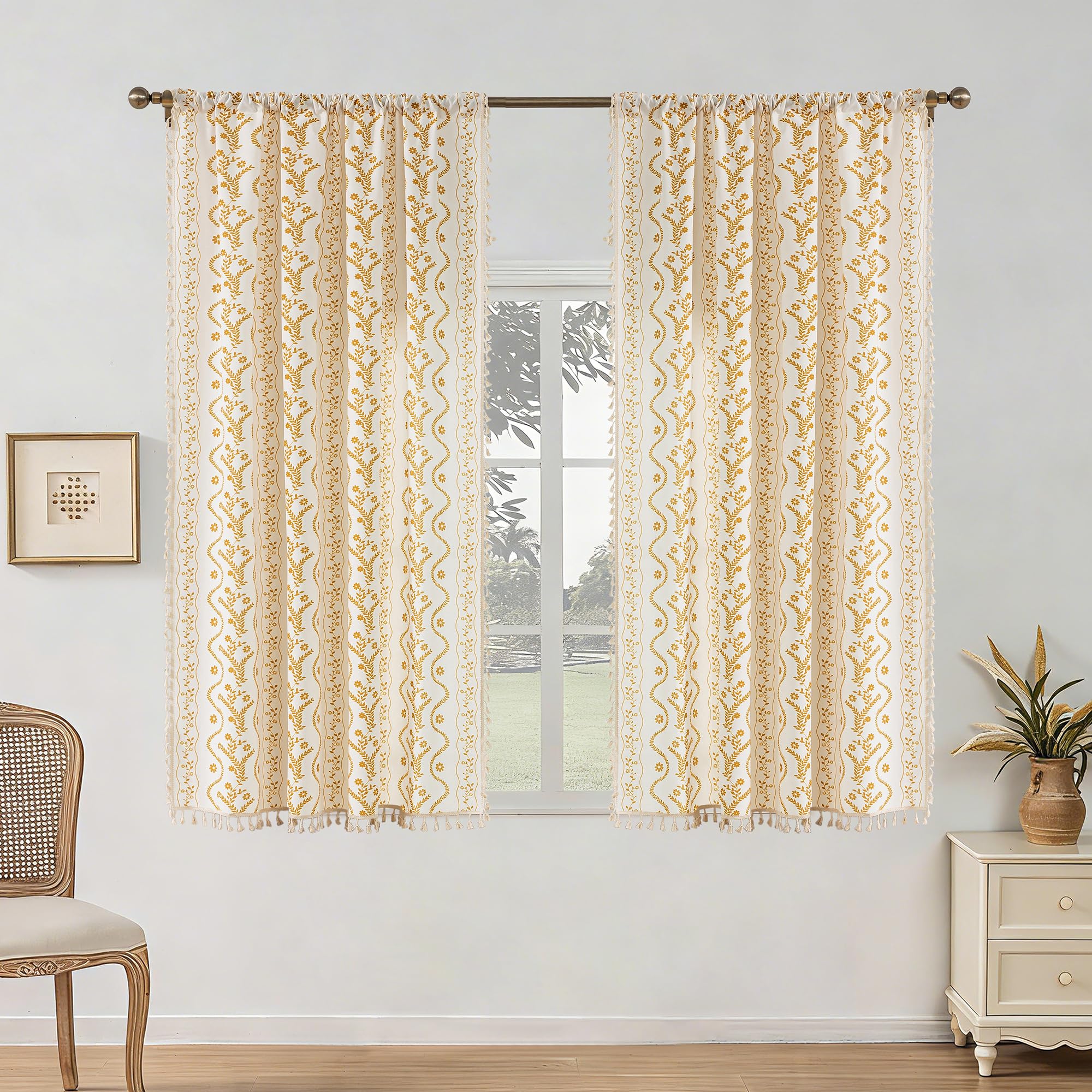 Burnt Orange Curtains for Living Room Patterned Farmhouse Curtains 2 Panels,Boho Linen Vintage Tassel Terracotta Floral Fall Window Curtain for Bedroom Dining Room Kitchen 84 Inch Long