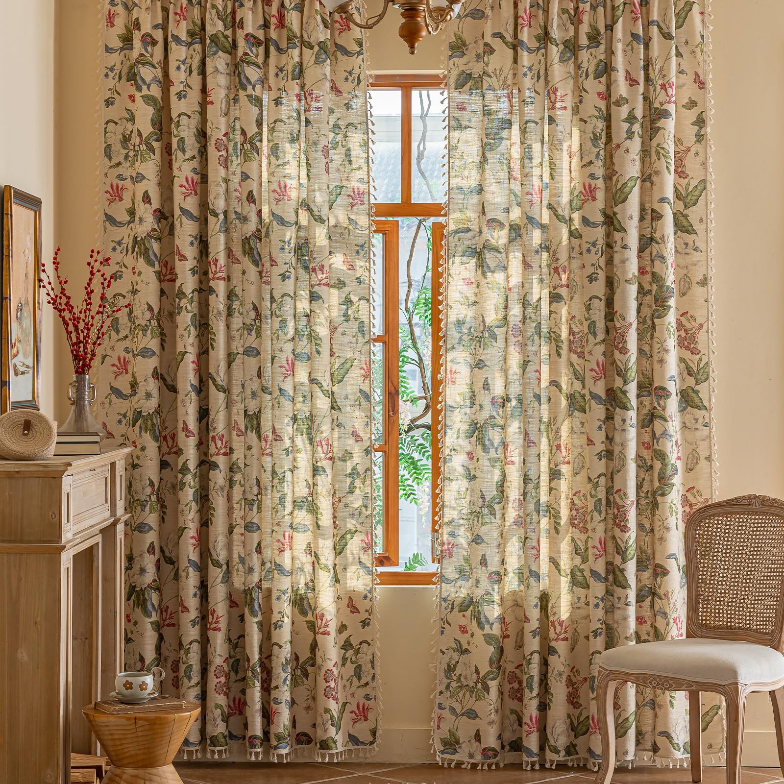 ENJOYBRIDAL Floral Bedroom Curtains 84 Inch Length 2 Panels Set Farmhouse Semi Sheer Living Room Drapes Cotton Linen Blend Bohemian Window Curtain Panels with Tassel Beige Rod Pocket Drapes