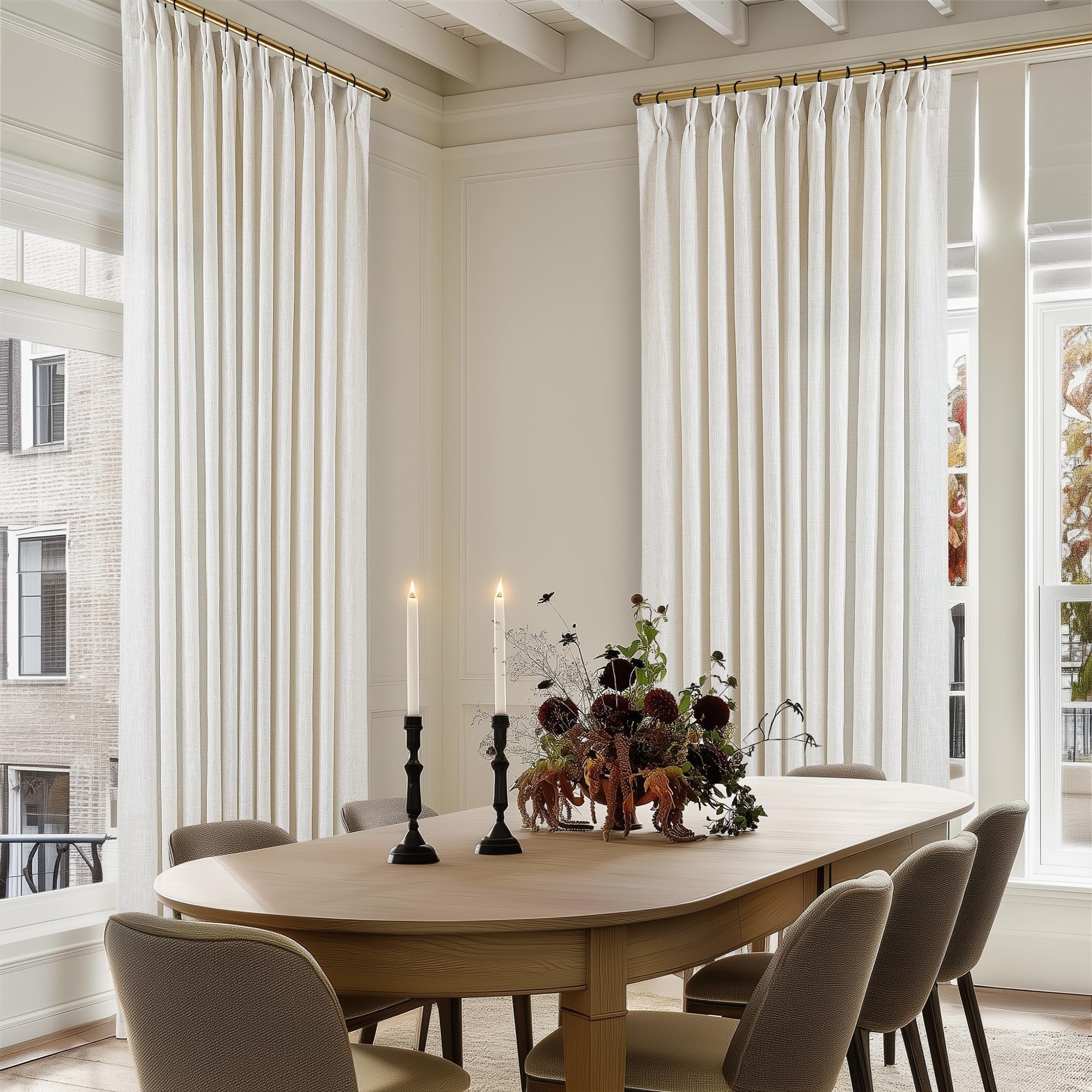 Natural Pinch Pleated Linen Curtains 84 Inch Length 2 Panels for Living Room Bedroom Textured Cream Ivory Birch Semi Sheer Boho Neutral Back Tab Pinch Pleat Hooks Rings Window Curtain 84 Inches Long