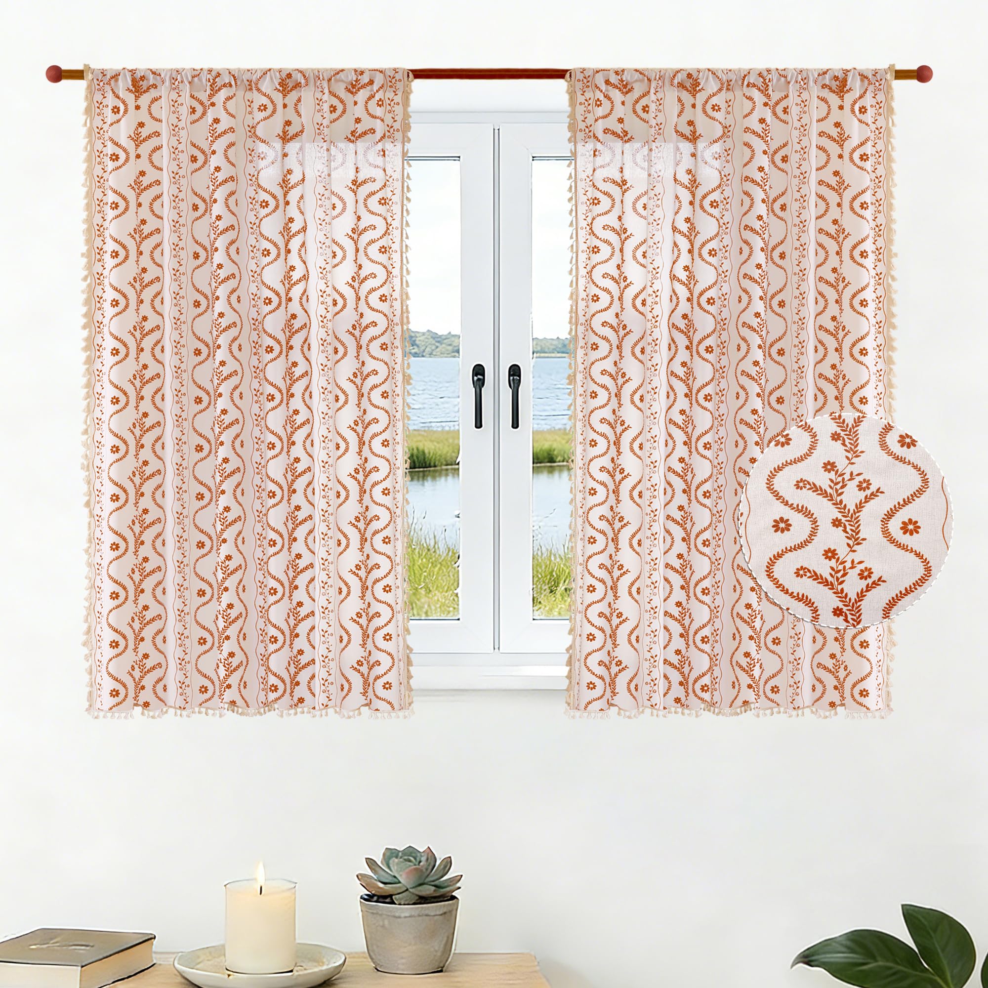 Burnt Orange Curtains for Living Room Patterned Farmhouse Curtains 2 Panels,Boho Linen Vintage Tassel Terracotta Floral Fall Window Curtain for Bedroom Dining Room Kitchen 84 Inch Long