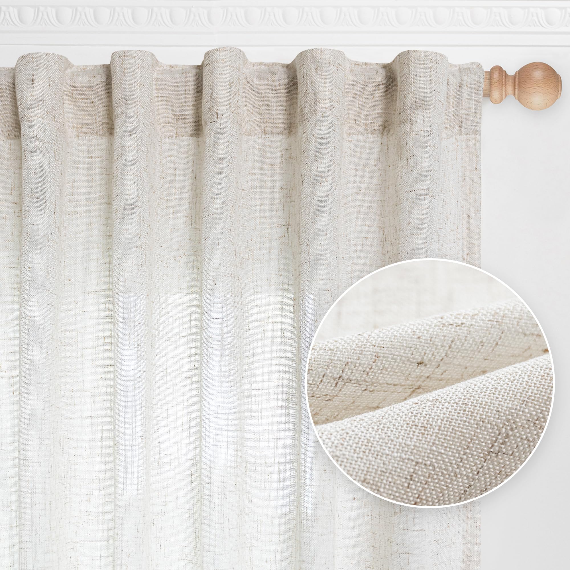 MYSKY HOME Cotton Curtains for Living Room Farmhouse Semi Sheer Light Filtering for Windows, Linen Look Texture Soft Modern Decor Country Style, 50" x 84", Light Oatmeal, 2 Panels