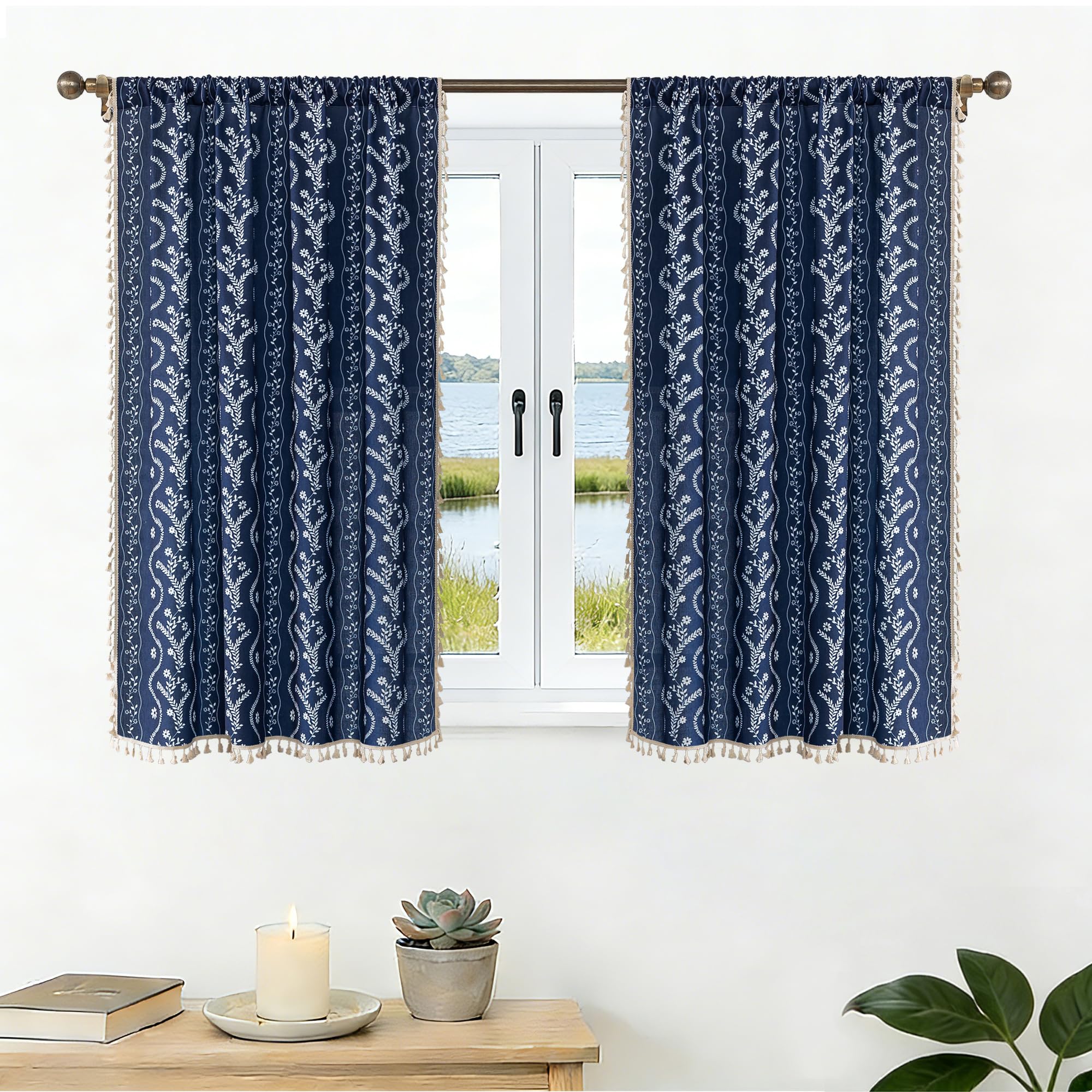 Burnt Orange Curtains for Living Room Patterned Farmhouse Curtains 2 Panels,Boho Linen Vintage Tassel Terracotta Floral Fall Window Curtain for Bedroom Dining Room Kitchen 84 Inch Long
