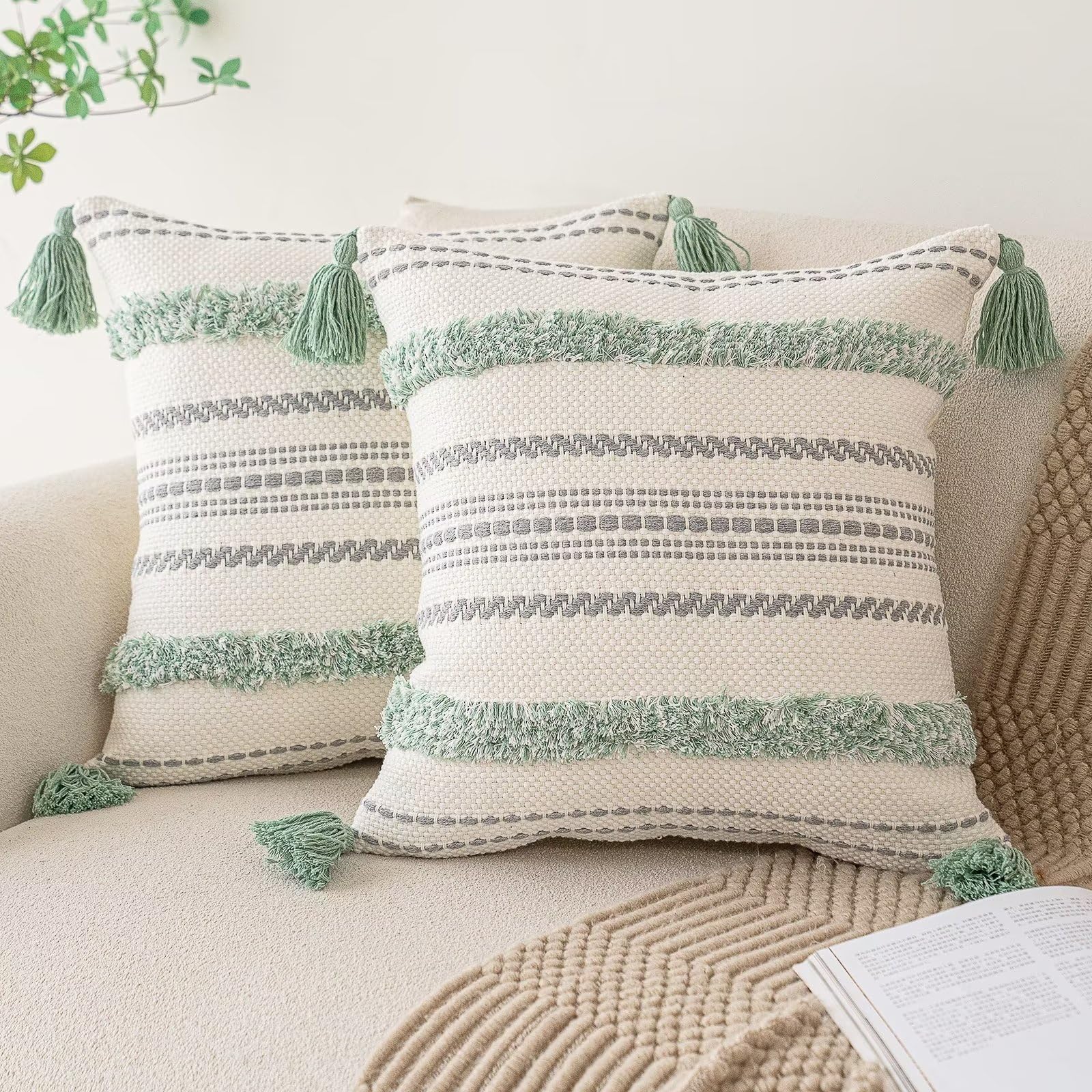 Boho Throw Pillow Covers 18x18 Set of 2 Woven Tufted Farmhouse Pillows Cover with Tassels Textured Striped Cushion Case Neutral Pillow Cases Decorative Pillowcase for Sofa, Couch, Bed, Khaki