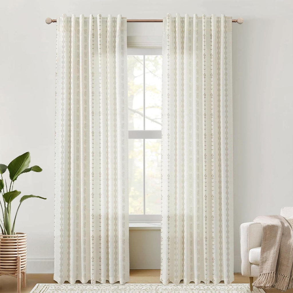 Neutral Farmhouse Curtains for Living Room 84 Inches Long,Taupe Cream Boho Light Filtering Sheer Patterned Modern Beautiful Linen Curtains with Floral Pattern Design Dining Room 84 Length 2 Panels Set