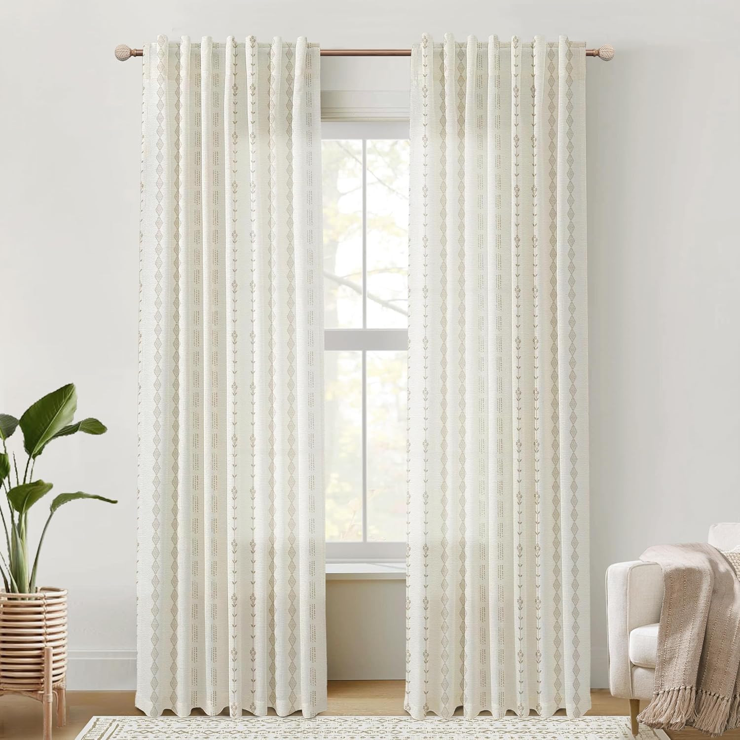 Neutral Farmhouse Curtains for Living Room 84 Inches Long,Taupe Cream Boho Light Filtering Sheer Patterned Modern Beautiful Linen Curtains with Floral Pattern Design Dining Room 84 Length 2 Panels Set