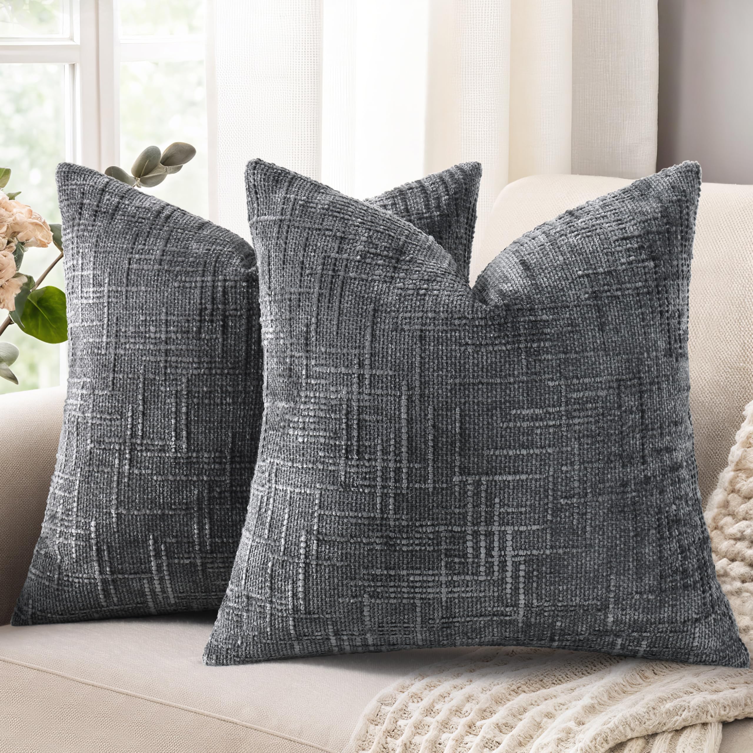 decorUhome Summer Cream White Chenille Euro Sham Throw Pillow Covers 22x22 Set of 2 Textured Soft Cozy Slubby Couch Pillow Covers Modern Farmhouse Boho Decorative Pillow Cases for Bed Sofa Living Room