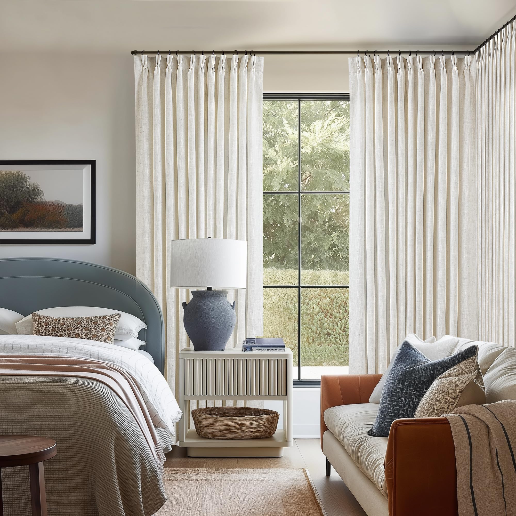 Natural Pinch Pleated Linen Curtains 84 Inch Length 2 Panels for Living Room Bedroom Textured Cream Ivory Birch Semi Sheer Boho Neutral Back Tab Pinch Pleat Hooks Rings Window Curtain 84 Inches Long