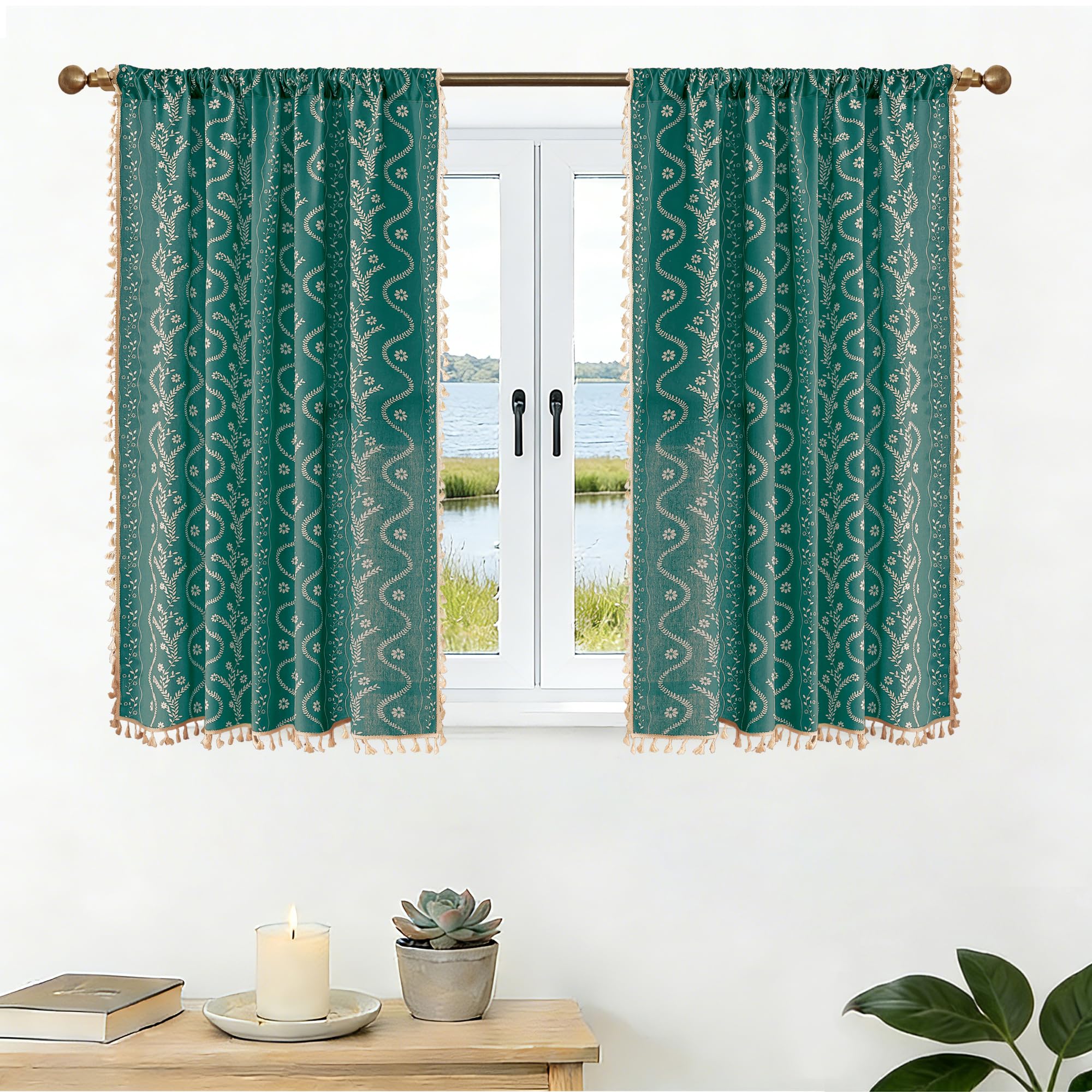 Burnt Orange Curtains for Living Room Patterned Farmhouse Curtains 2 Panels,Boho Linen Vintage Tassel Terracotta Floral Fall Window Curtain for Bedroom Dining Room Kitchen 84 Inch Long