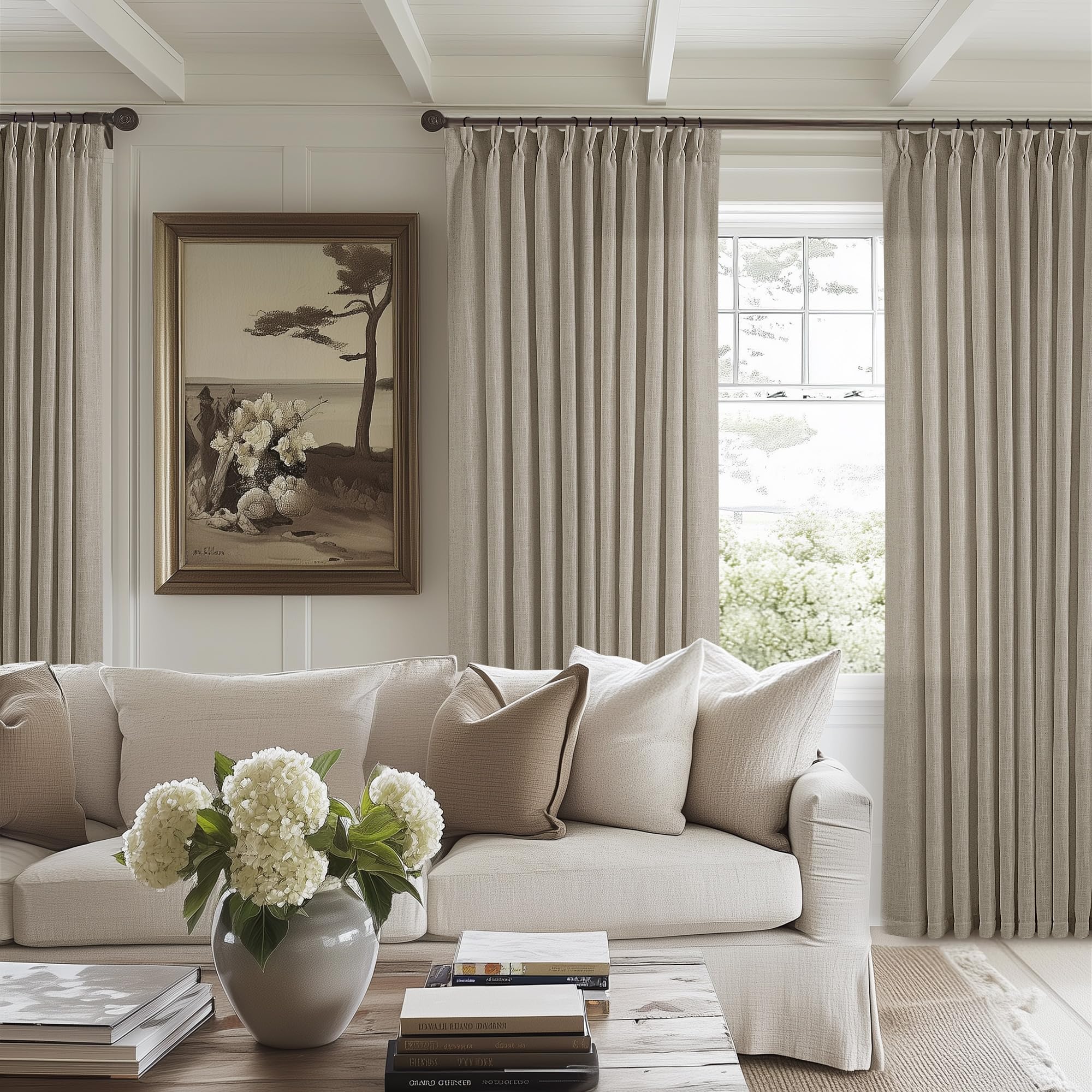 Natural Pinch Pleated Linen Curtains 84 Inch Length 2 Panels for Living Room Bedroom Textured Cream Ivory Birch Semi Sheer Boho Neutral Back Tab Pinch Pleat Hooks Rings Window Curtain 84 Inches Long