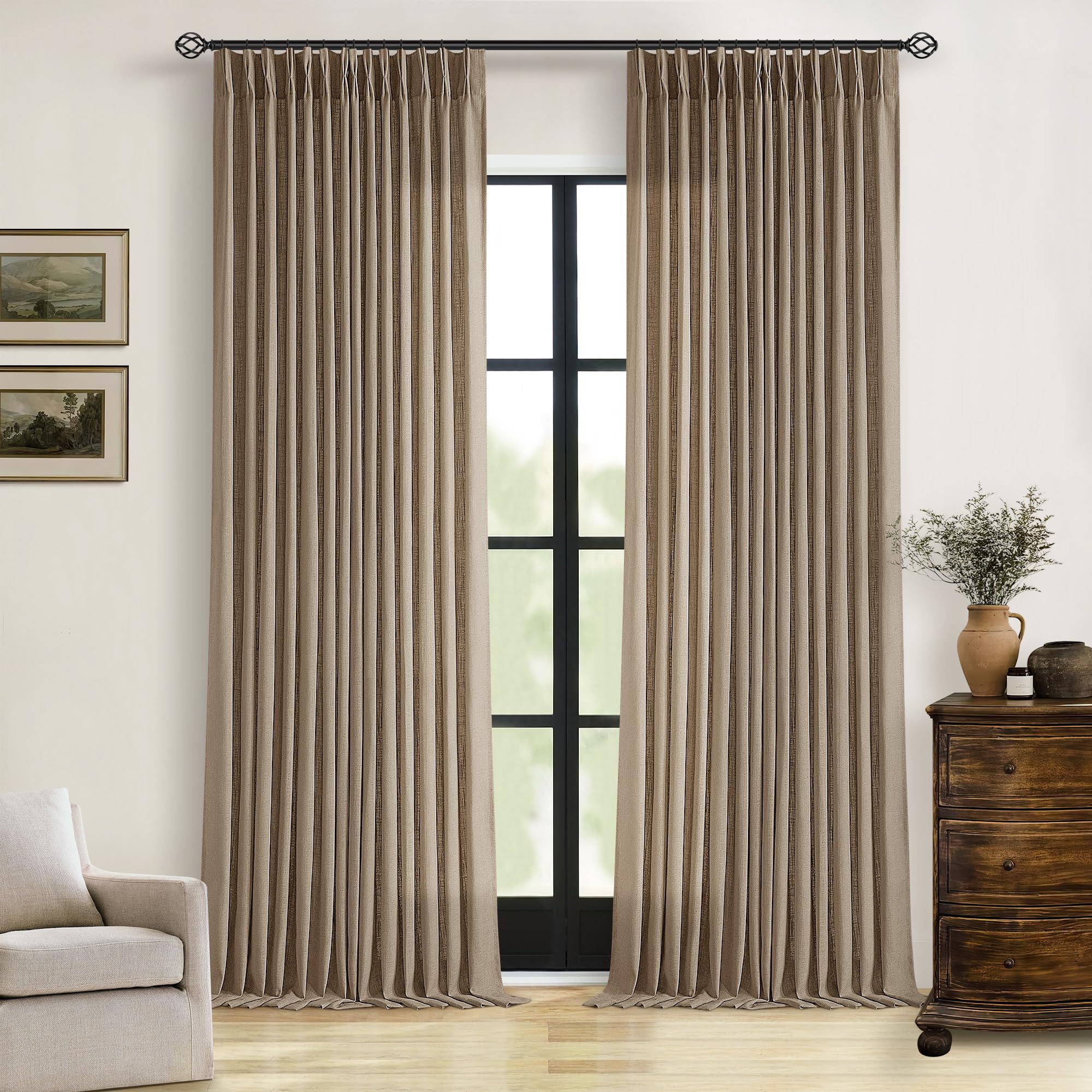 Natural Pinch Pleated Linen Curtains 84 Inch Length 2 Panels for Living Room Bedroom Textured Cream Ivory Birch Semi Sheer Boho Neutral Back Tab Pinch Pleat Hooks Rings Window Curtain 84 Inches Long