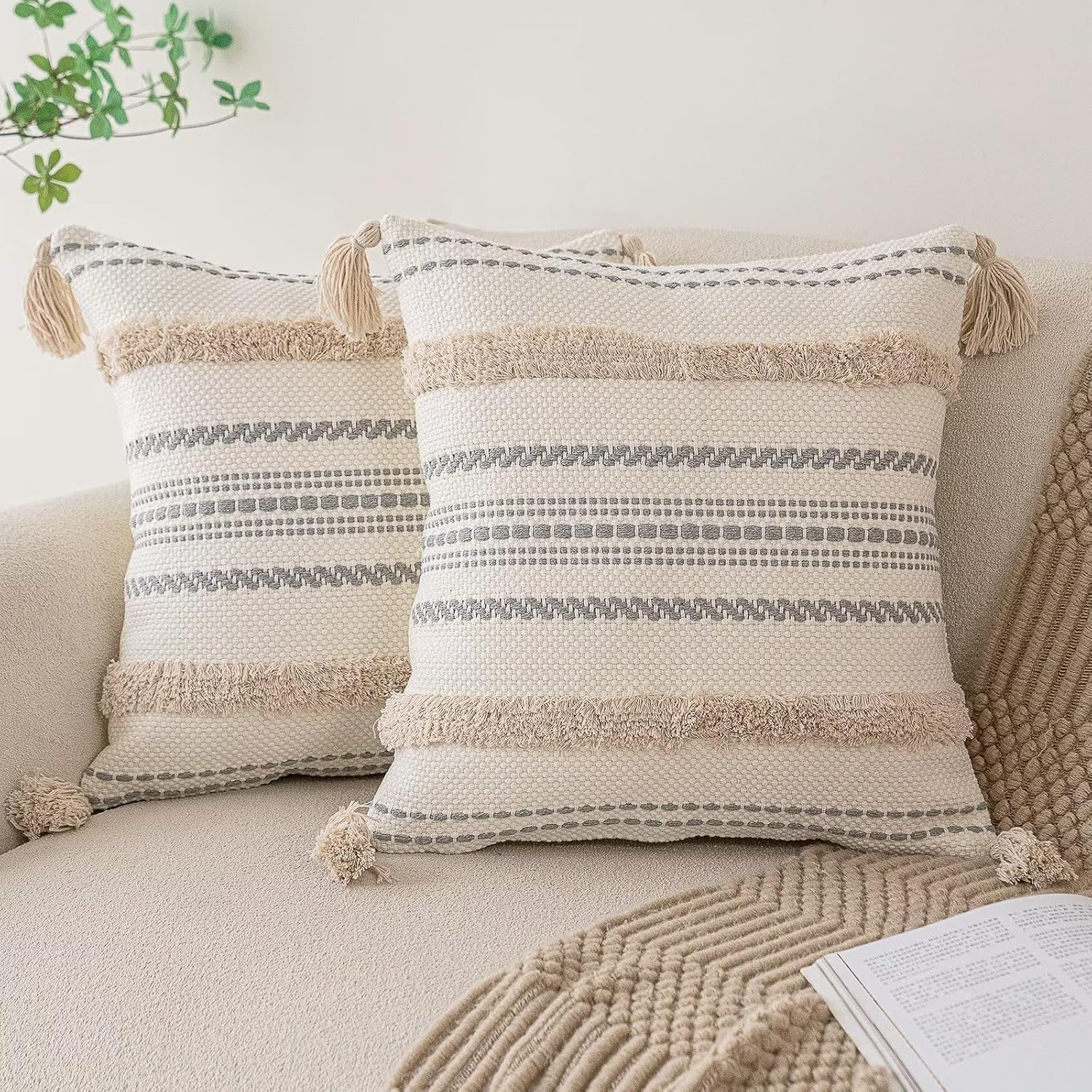 Boho Throw Pillow Covers 18x18 Set of 2 Woven Tufted Farmhouse Pillows Cover with Tassels Textured Striped Cushion Case Neutral Pillow Cases Decorative Pillowcase for Sofa, Couch, Bed, Khaki
