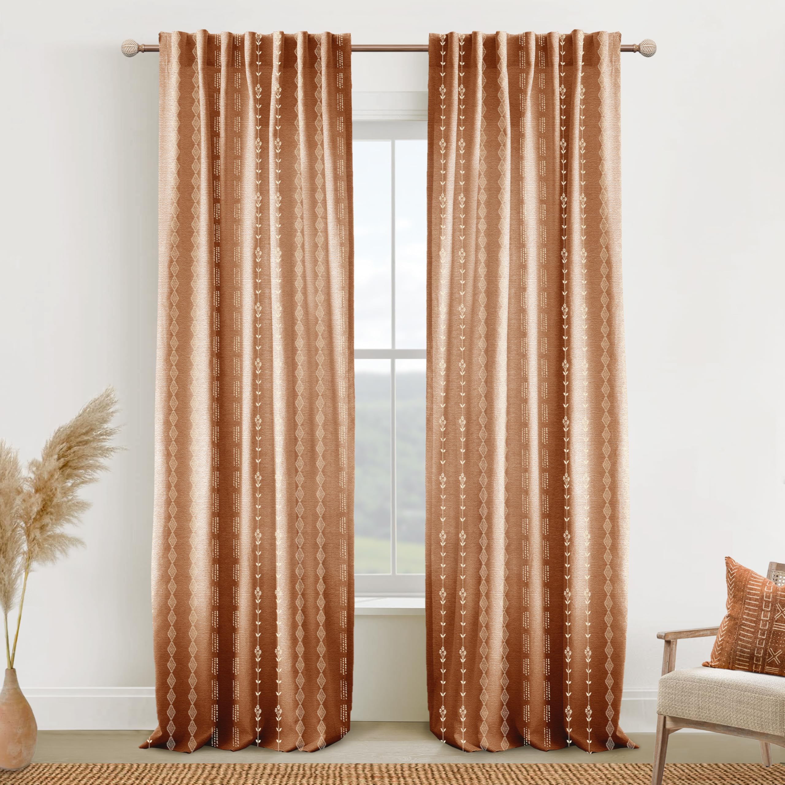 Neutral Farmhouse Curtains for Living Room 84 Inches Long,Taupe Cream Boho Light Filtering Sheer Patterned Modern Beautiful Linen Curtains with Floral Pattern Design Dining Room 84 Length 2 Panels Set