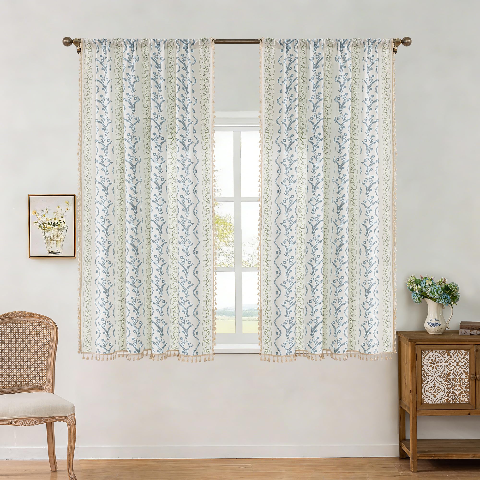 Burnt Orange Curtains for Living Room Patterned Farmhouse Curtains 2 Panels,Boho Linen Vintage Tassel Terracotta Floral Fall Window Curtain for Bedroom Dining Room Kitchen 84 Inch Long