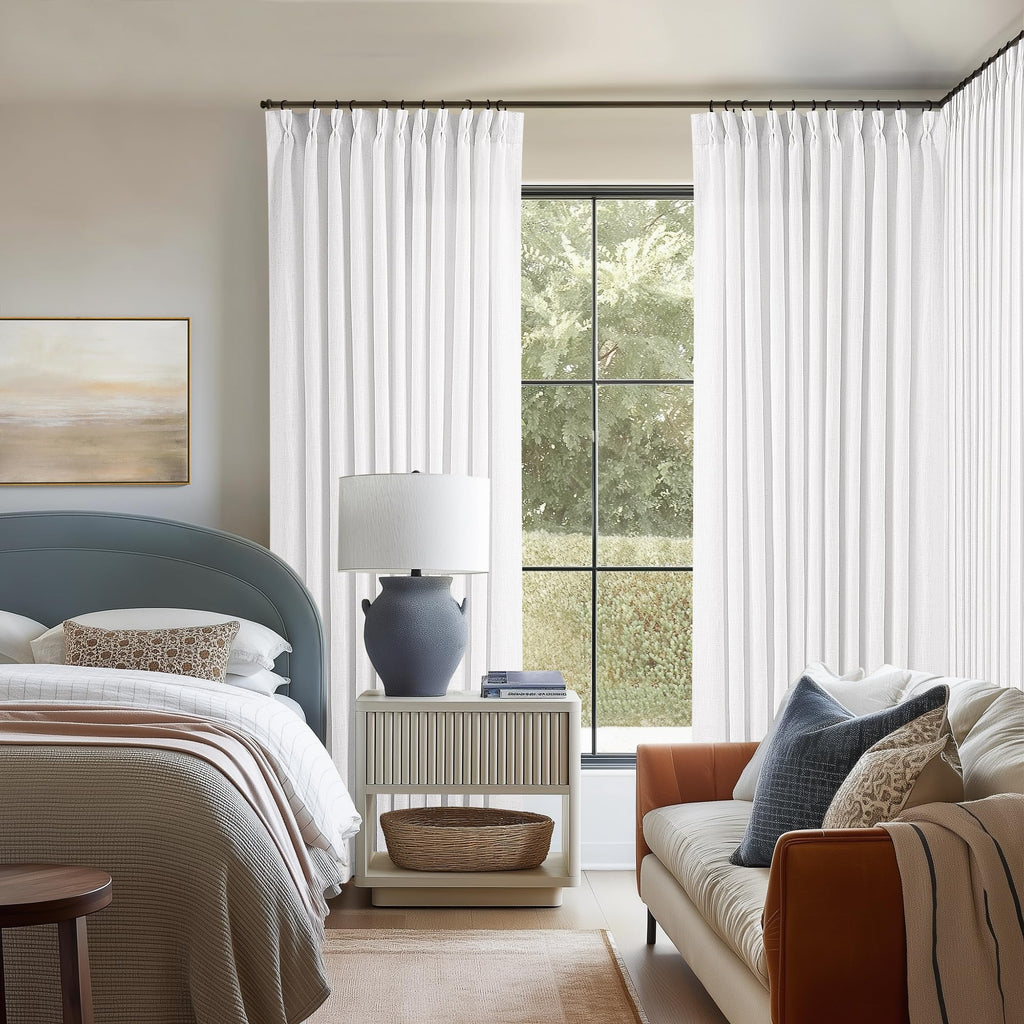 Natural Pinch Pleated Linen Curtains 84 Inch Length 2 Panels for Living Room Bedroom Textured Cream Ivory Birch Semi Sheer Boho Neutral Back Tab Pinch Pleat Hooks Rings Window Curtain 84 Inches Long
