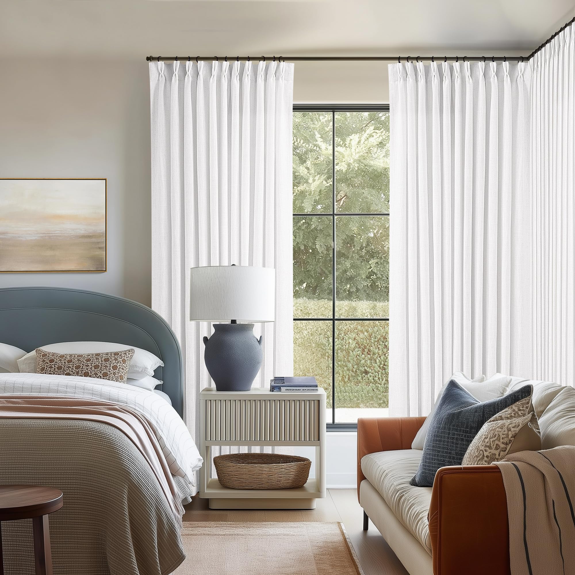 Natural Pinch Pleated Linen Curtains 84 Inch Length 2 Panels for Living Room Bedroom Textured Cream Ivory Birch Semi Sheer Boho Neutral Back Tab Pinch Pleat Hooks Rings Window Curtain 84 Inches Long