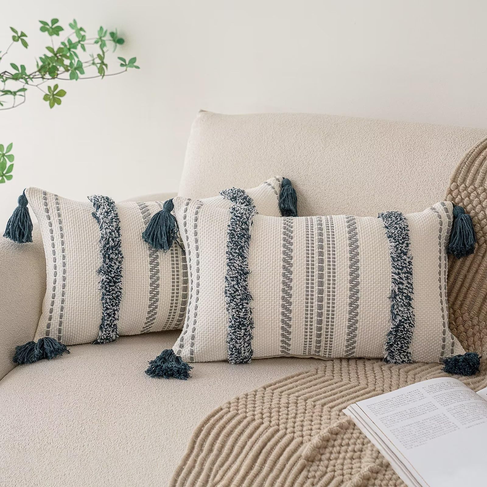 Boho Throw Pillow Covers 18x18 Set of 2 Woven Tufted Farmhouse Pillows Cover with Tassels Textured Striped Cushion Case Neutral Pillow Cases Decorative Pillowcase for Sofa, Couch, Bed, Khaki
