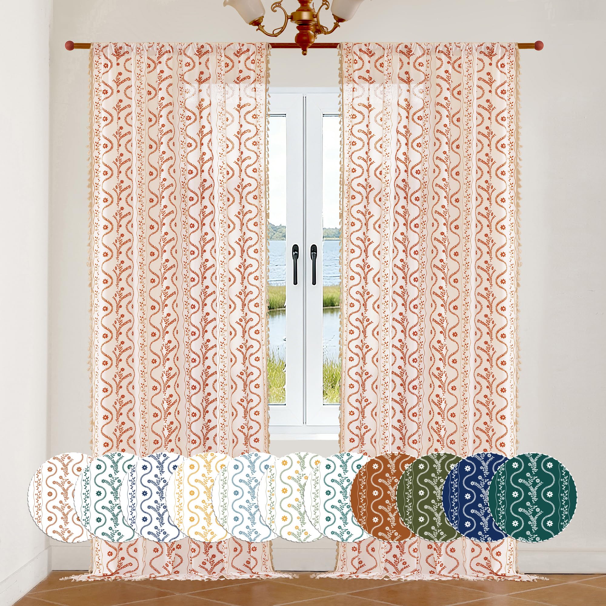 Burnt Orange Curtains for Living Room Patterned Farmhouse Curtains 2 Panels,Boho Linen Vintage Tassel Terracotta Floral Fall Window Curtain for Bedroom Dining Room Kitchen 84 Inch Long