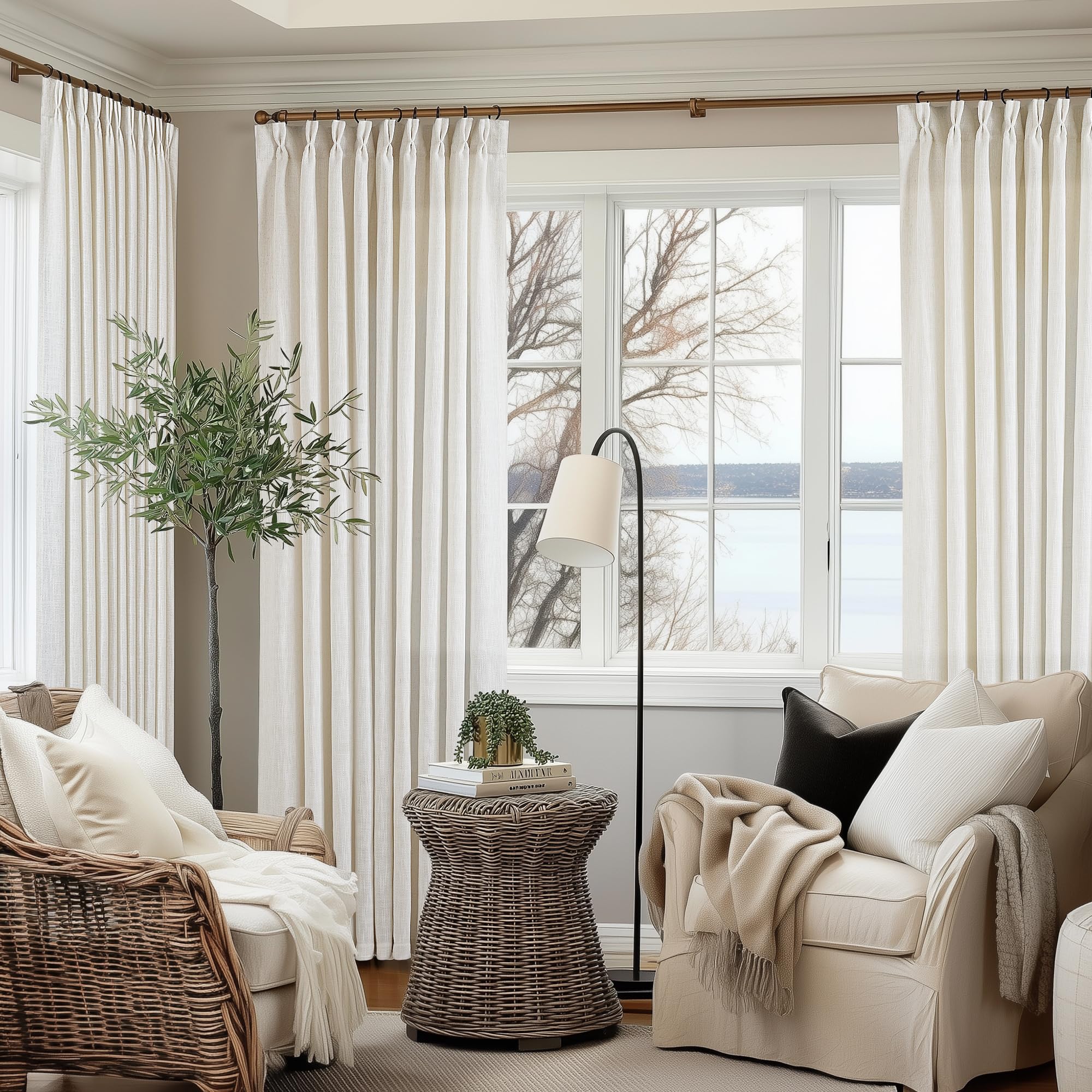 Natural Pinch Pleated Linen Curtains 84 Inch Length 2 Panels for Living Room Bedroom Textured Cream Ivory Birch Semi Sheer Boho Neutral Back Tab Pinch Pleat Hooks Rings Window Curtain 84 Inches Long