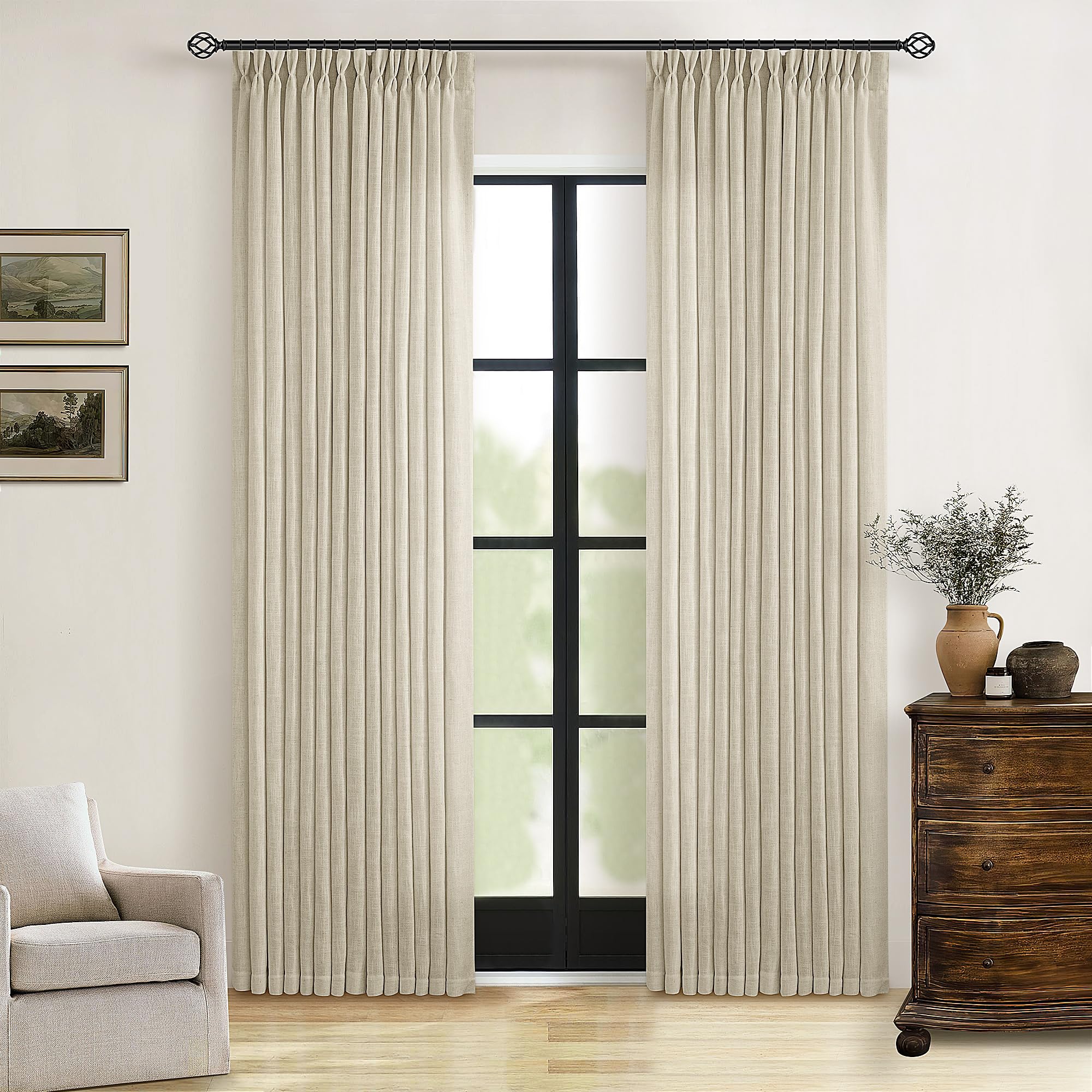 Natural Pinch Pleated Linen Curtains 84 Inch Length 2 Panels for Living Room Bedroom Textured Cream Ivory Birch Semi Sheer Boho Neutral Back Tab Pinch Pleat Hooks Rings Window Curtain 84 Inches Long
