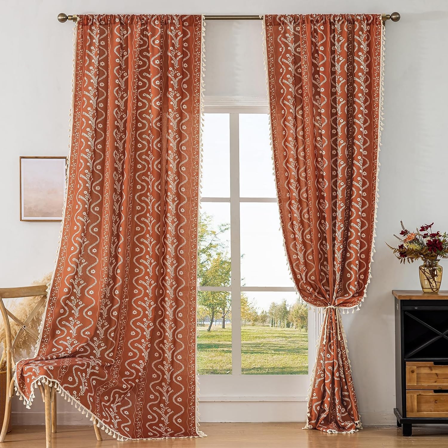 Burnt Orange Curtains for Living Room Patterned Farmhouse Curtains 2 Panels,Boho Linen Vintage Tassel Terracotta Floral Fall Window Curtain for Bedroom Dining Room Kitchen 84 Inch Long