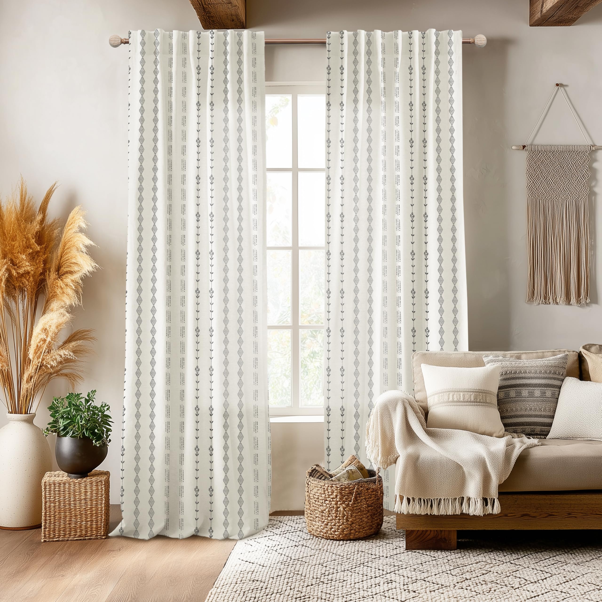 Neutral Farmhouse Curtains for Living Room 84 Inches Long,Taupe Cream Boho Light Filtering Sheer Patterned Modern Beautiful Linen Curtains with Floral Pattern Design Dining Room 84 Length 2 Panels Set