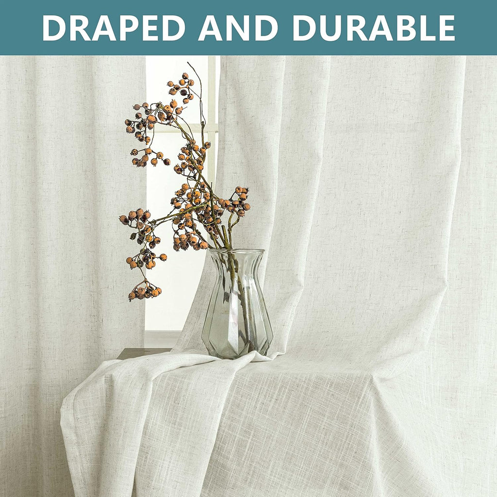 KOUFALL Farmhouse Linen Curtains, Cream Beige Semi Sheer Light Filtering Curtain, Boho Tab Top Neutral Country Curtains for Living Room, Bedroom, Nursery, 84 Inch Length, 2 Panels Set