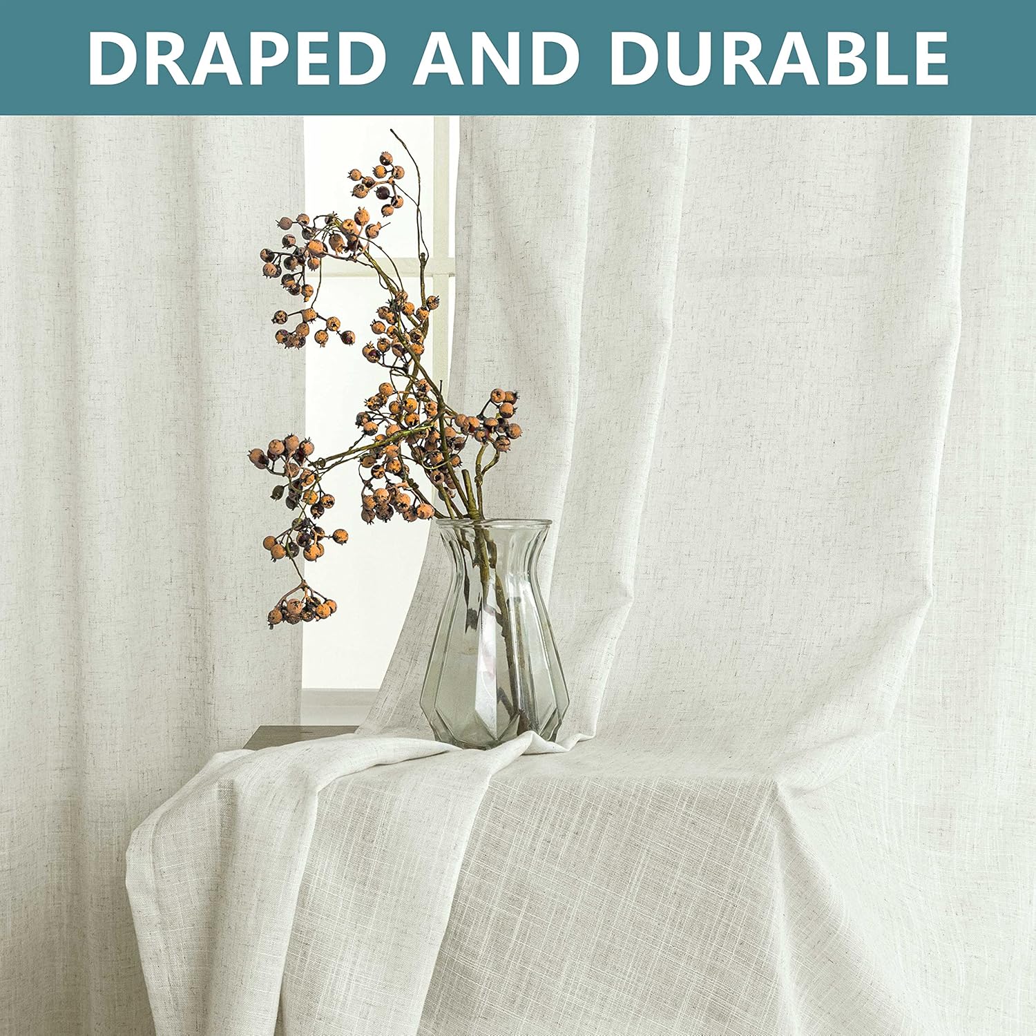KOUFALL Farmhouse Linen Curtains, Cream Beige Semi Sheer Light Filtering Curtain, Boho Tab Top Neutral Country Curtains for Living Room, Bedroom, Nursery, 84 Inch Length, 2 Panels Set