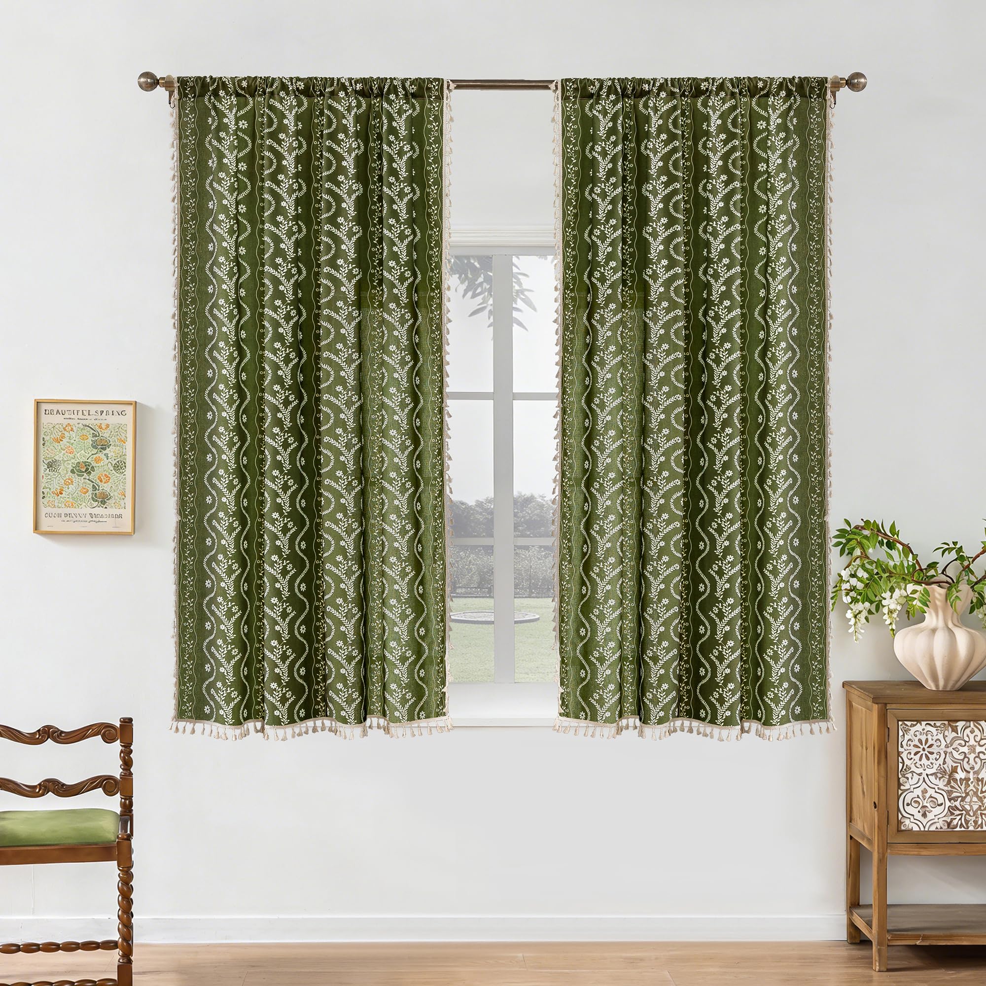 Burnt Orange Curtains for Living Room Patterned Farmhouse Curtains 2 Panels,Boho Linen Vintage Tassel Terracotta Floral Fall Window Curtain for Bedroom Dining Room Kitchen 84 Inch Long