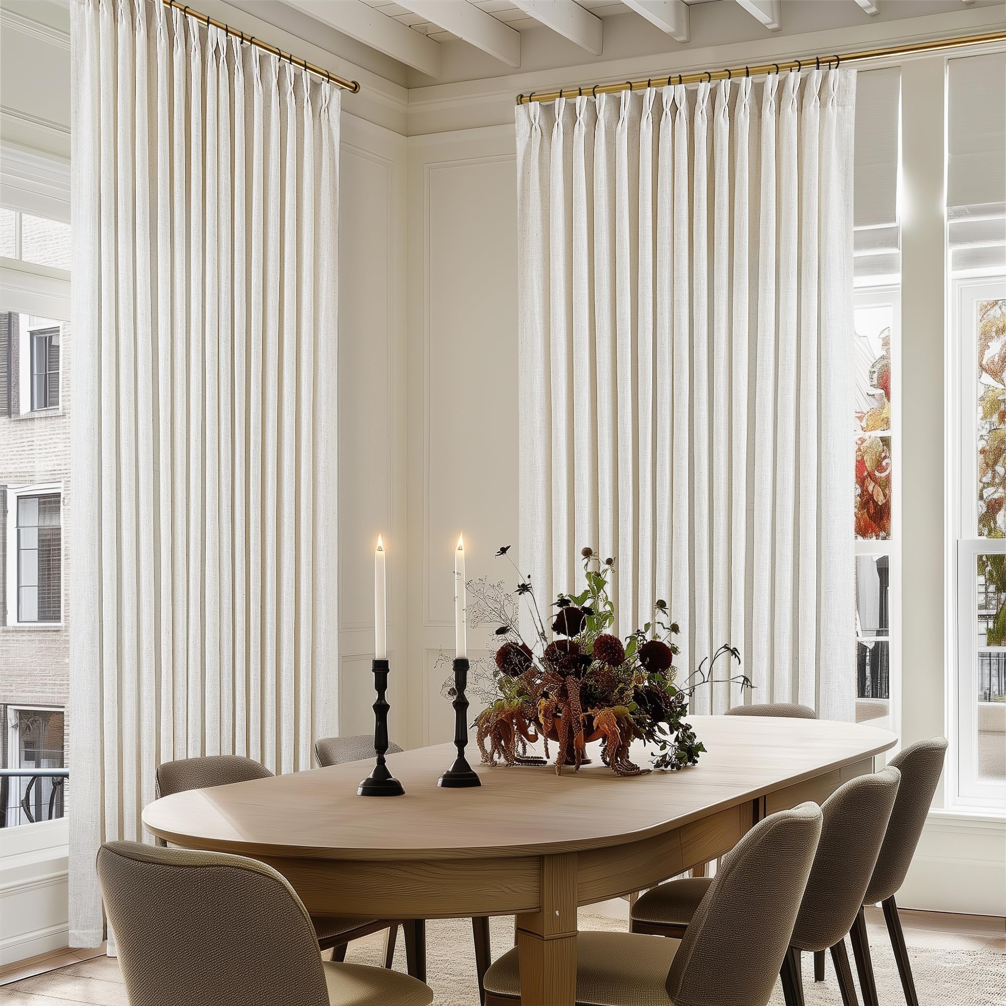 Natural Pinch Pleated Linen Curtains 84 Inch Length 2 Panels for Living Room Bedroom Textured Cream Ivory Birch Semi Sheer Boho Neutral Back Tab Pinch Pleat Hooks Rings Window Curtain 84 Inches Long