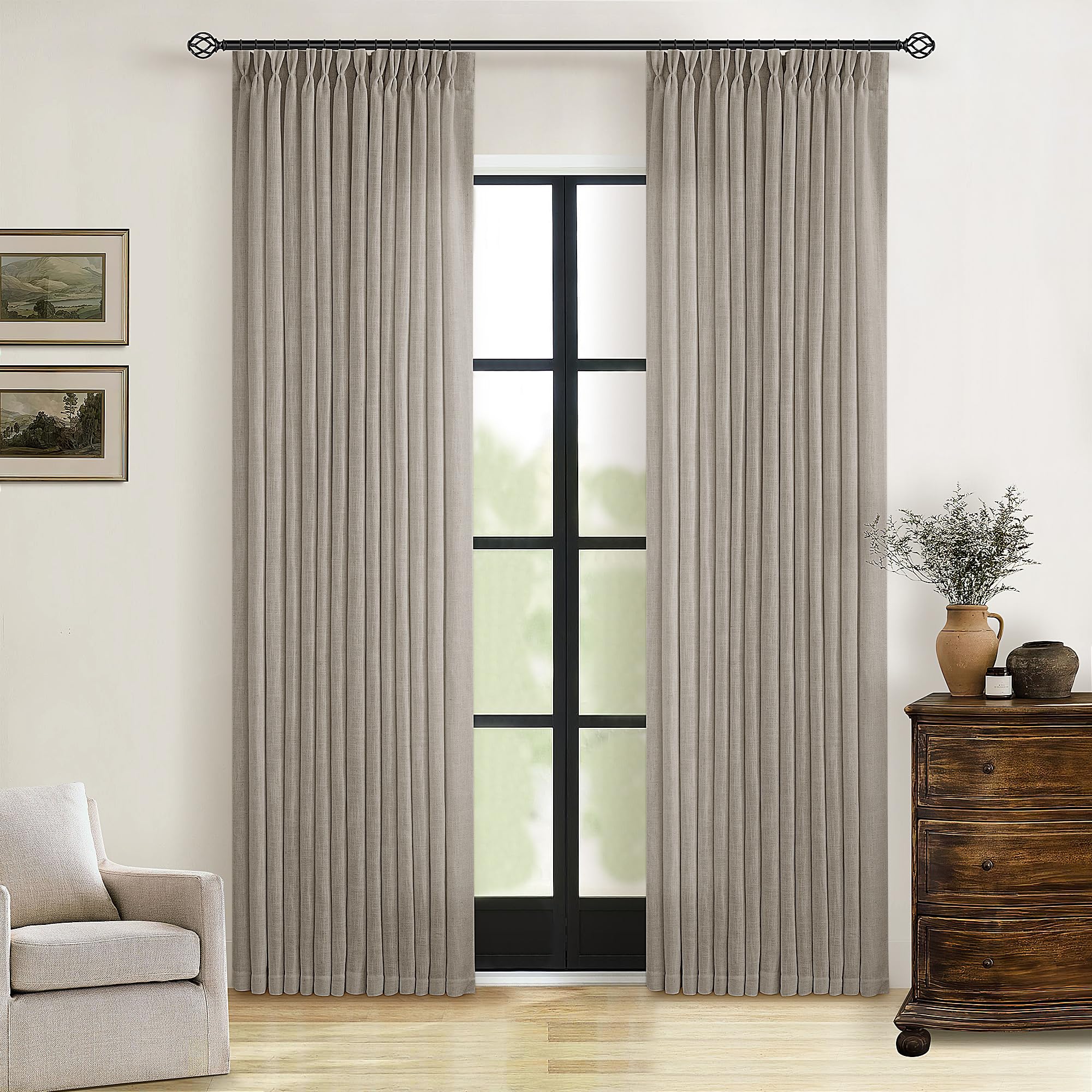 Natural Pinch Pleated Linen Curtains 84 Inch Length 2 Panels for Living Room Bedroom Textured Cream Ivory Birch Semi Sheer Boho Neutral Back Tab Pinch Pleat Hooks Rings Window Curtain 84 Inches Long