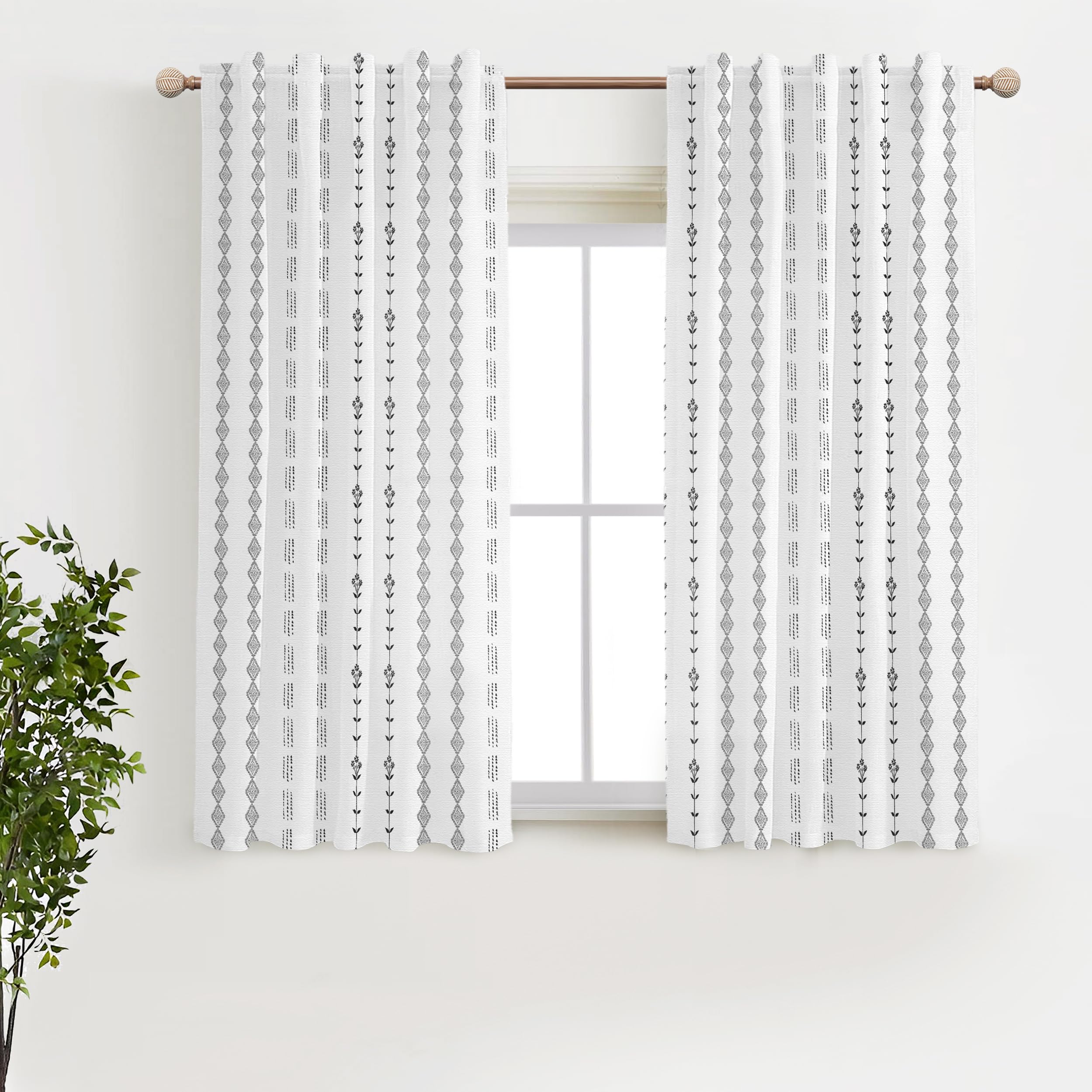 Neutral Farmhouse Curtains for Living Room 84 Inches Long,Taupe Cream Boho Light Filtering Sheer Patterned Modern Beautiful Linen Curtains with Floral Pattern Design Dining Room 84 Length 2 Panels Set