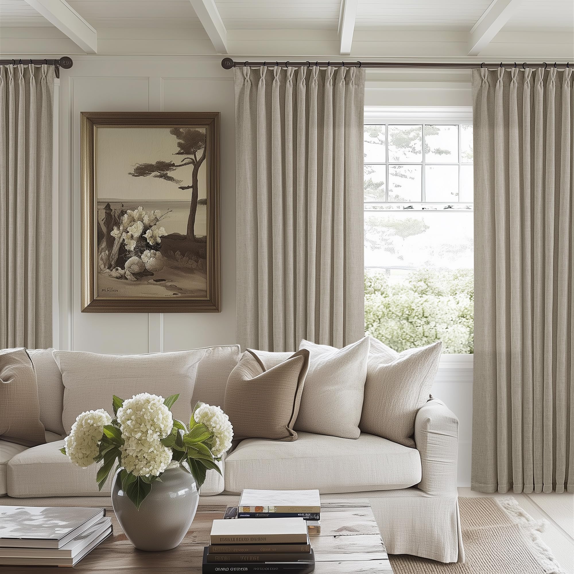 Natural Pinch Pleated Linen Curtains 84 Inch Length 2 Panels for Living Room Bedroom Textured Cream Ivory Birch Semi Sheer Boho Neutral Back Tab Pinch Pleat Hooks Rings Window Curtain 84 Inches Long